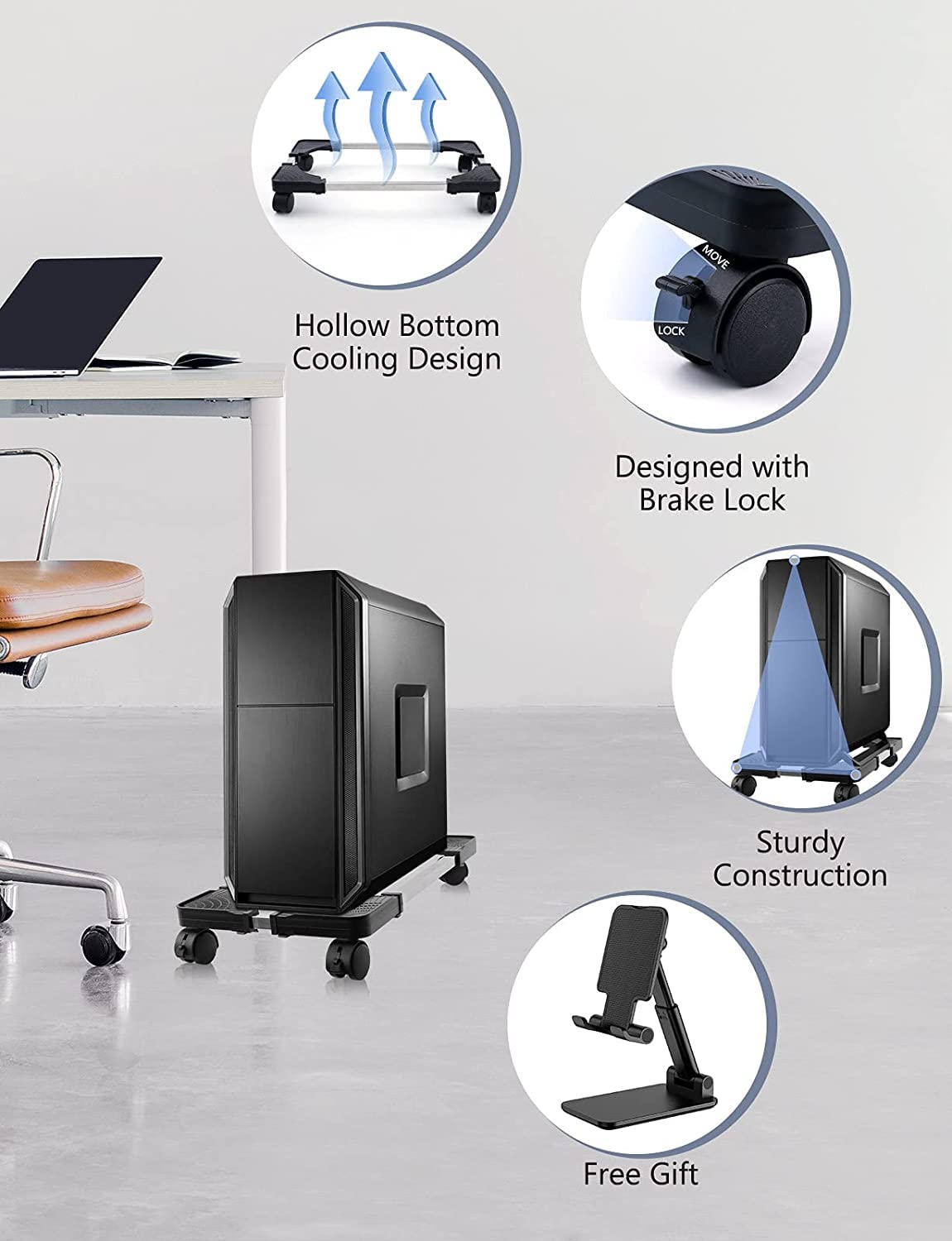 Seloom Computer Tower Stand, Pc Stand, Adjustable Mobile Cpu Stand With Rolling Wheels, Pc Tower Stand For Floor Carpet Gaming P