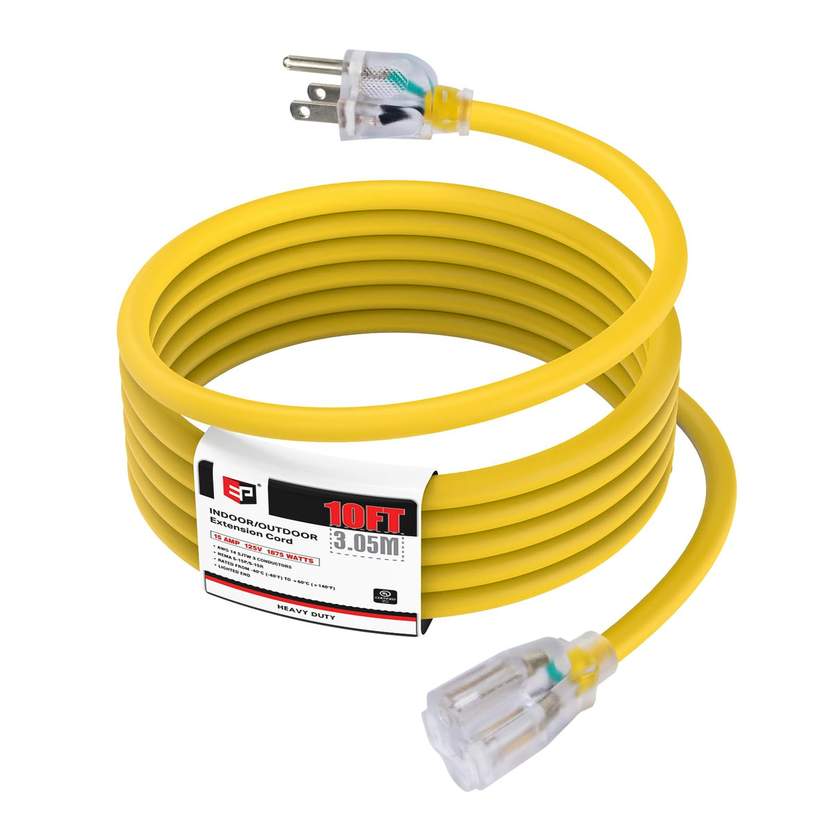 Ep 10 Ft 14/3 Lighted Outdoor Extension Cord   14 Gauge Sjtw Heavy Duty Yellow Extension Cable With 3 Prong Grounded Plug, Great