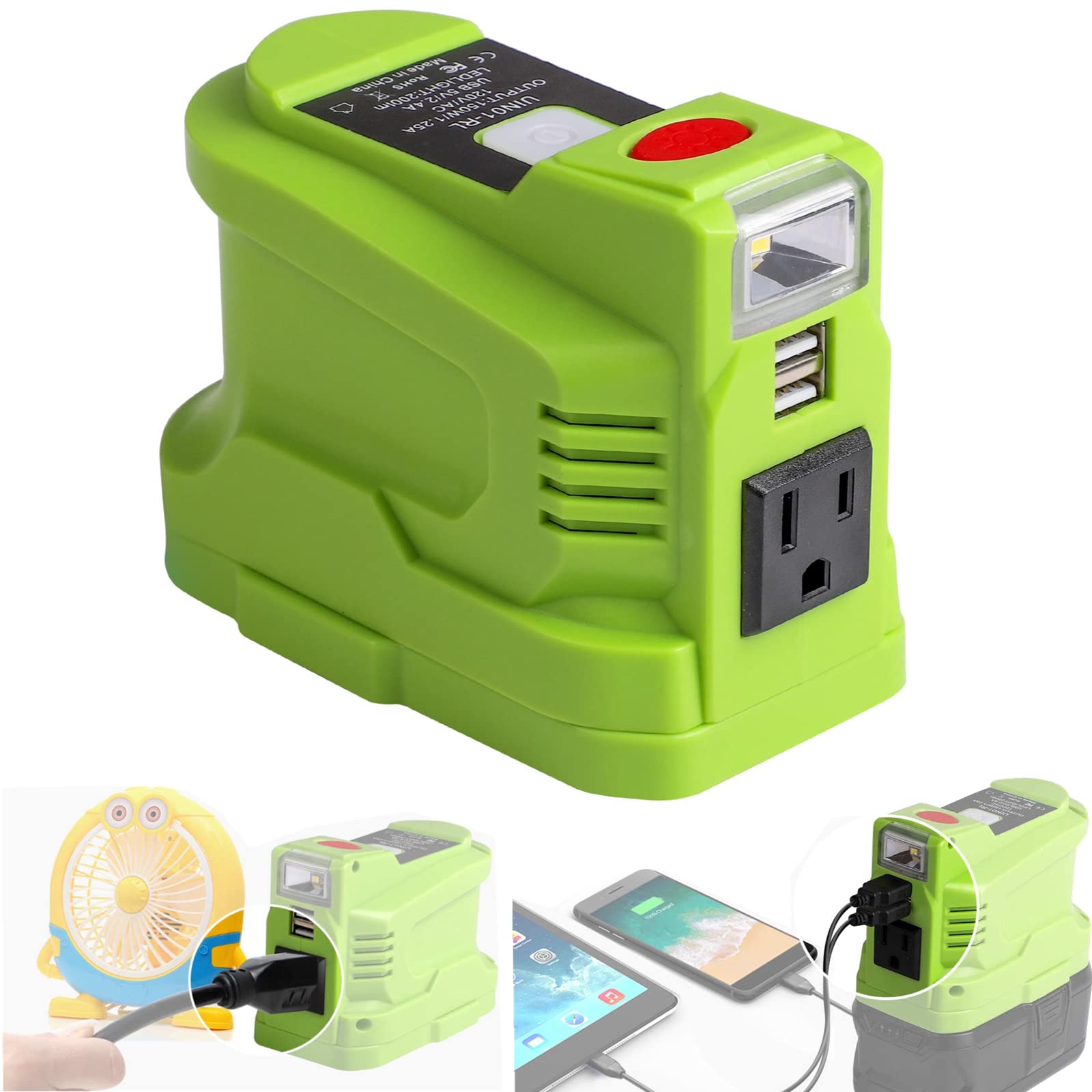 Portable Power Inverter For Ryobi 18V Battery, 150W Inverters Generator Power Source For Ryobi 18V Li Ion Battery W/ 2 Usb&Led L