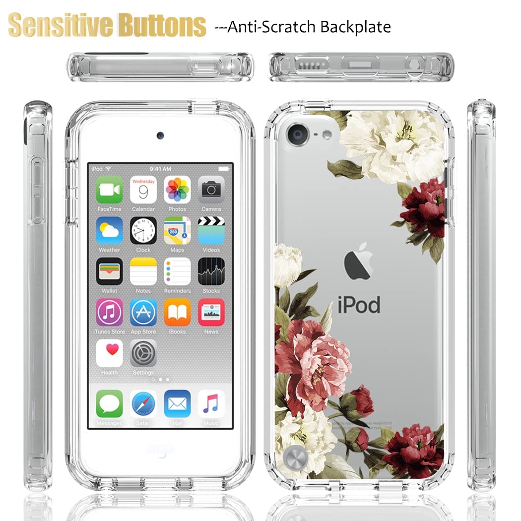 Yodueiv For Ipod Touch 6/Touch 5/Touch 7 Case With Tempered Glass Screen Protector, Full Body Shockproof Cute Clear Floral Patte