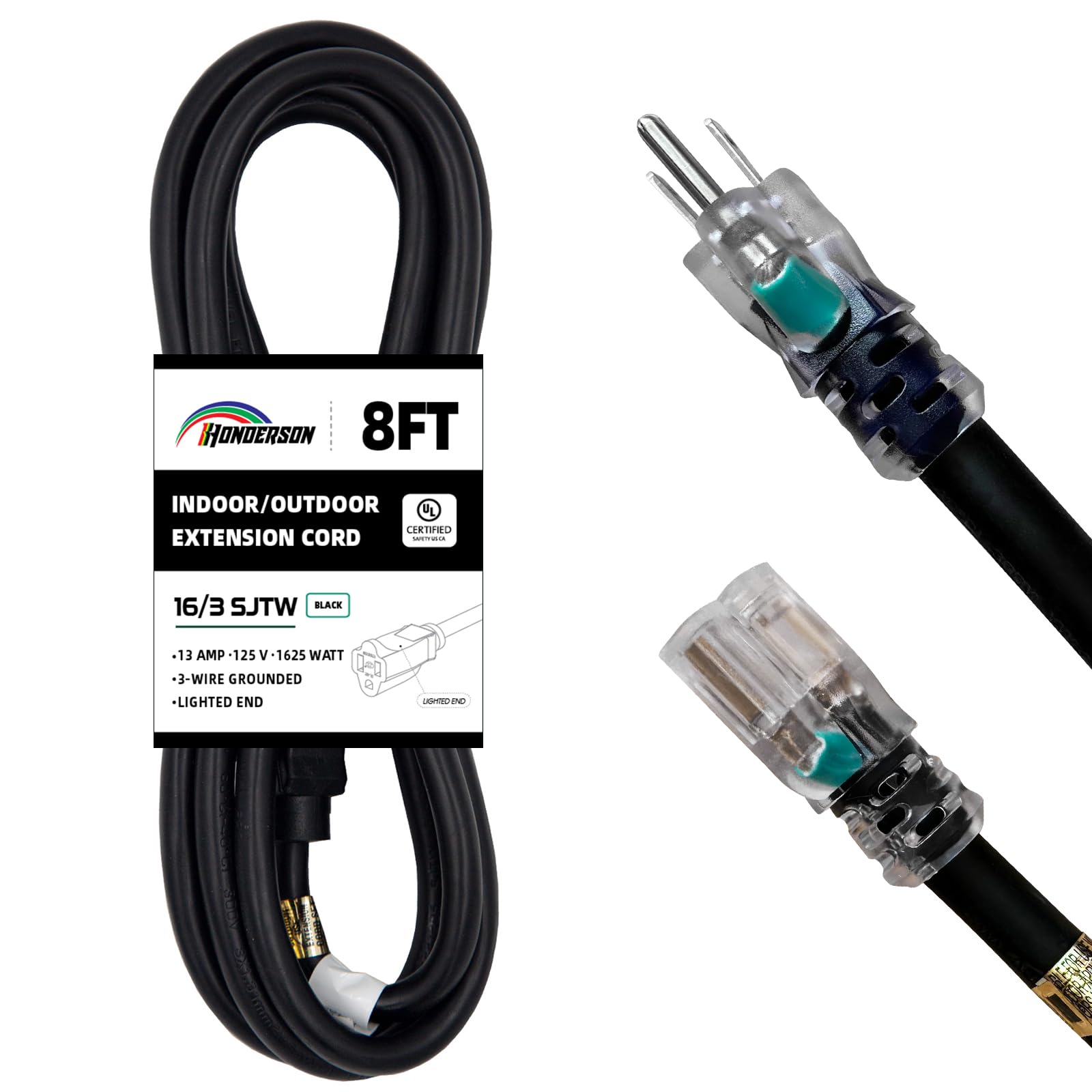 Honderson 8Ft 16/3 Christmas Lighted Outdoor Extension Cord   16 Gauge 3 Prong Sjtw Black Extension Cable With 3 Prong Grounded
