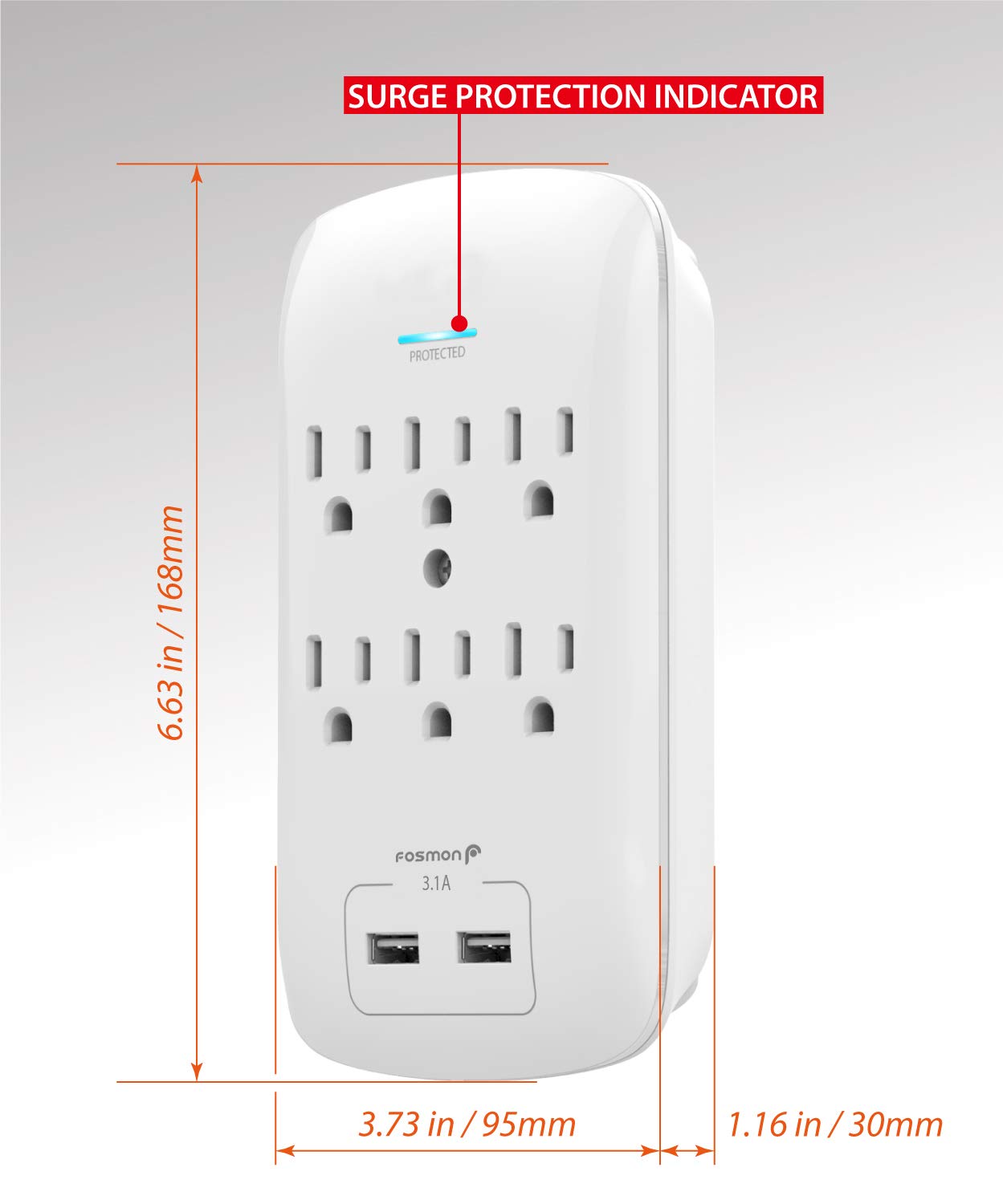 Fosmon 6 Outlet Surge Protector 1200 Joules With 2 Usb Ports Charger (3.1A), Multi Plug Outlet Extender 1875 Watt, 3 Prong Groun