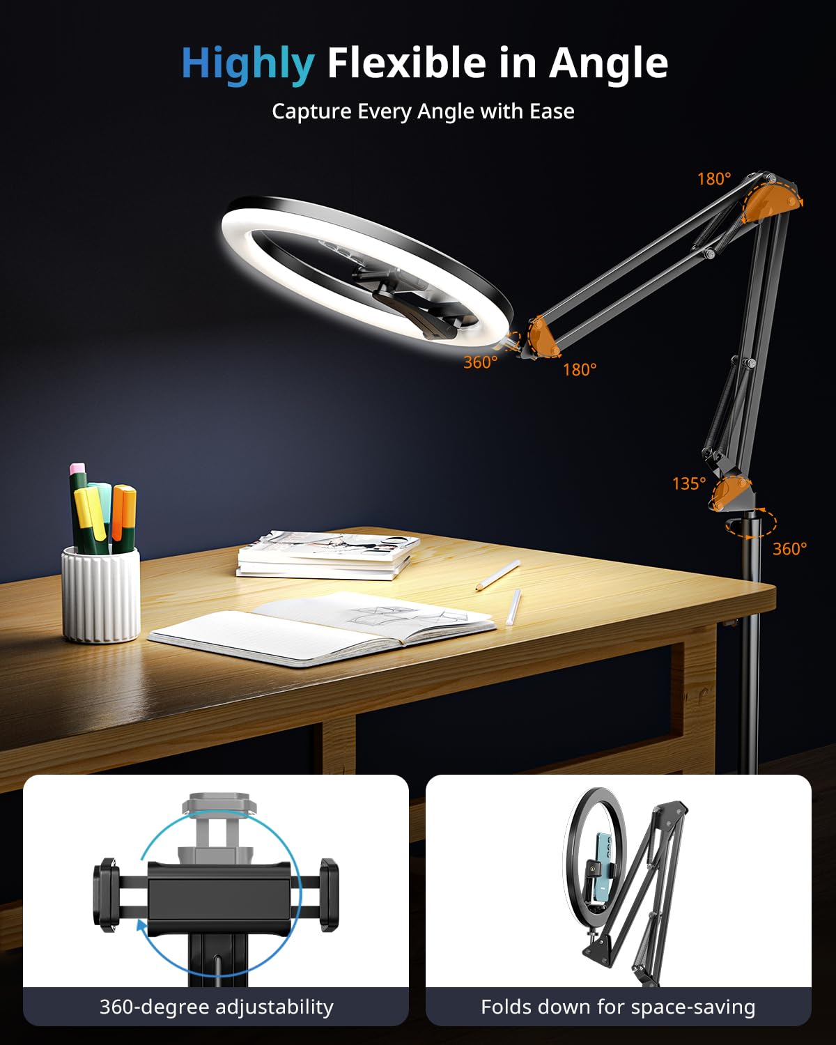 Ubeesize 12'' Ring Light Tripod For Iphone With Overhead Phone Mount Holder, Ring Lights With Stand And Camera Mounts For Photog