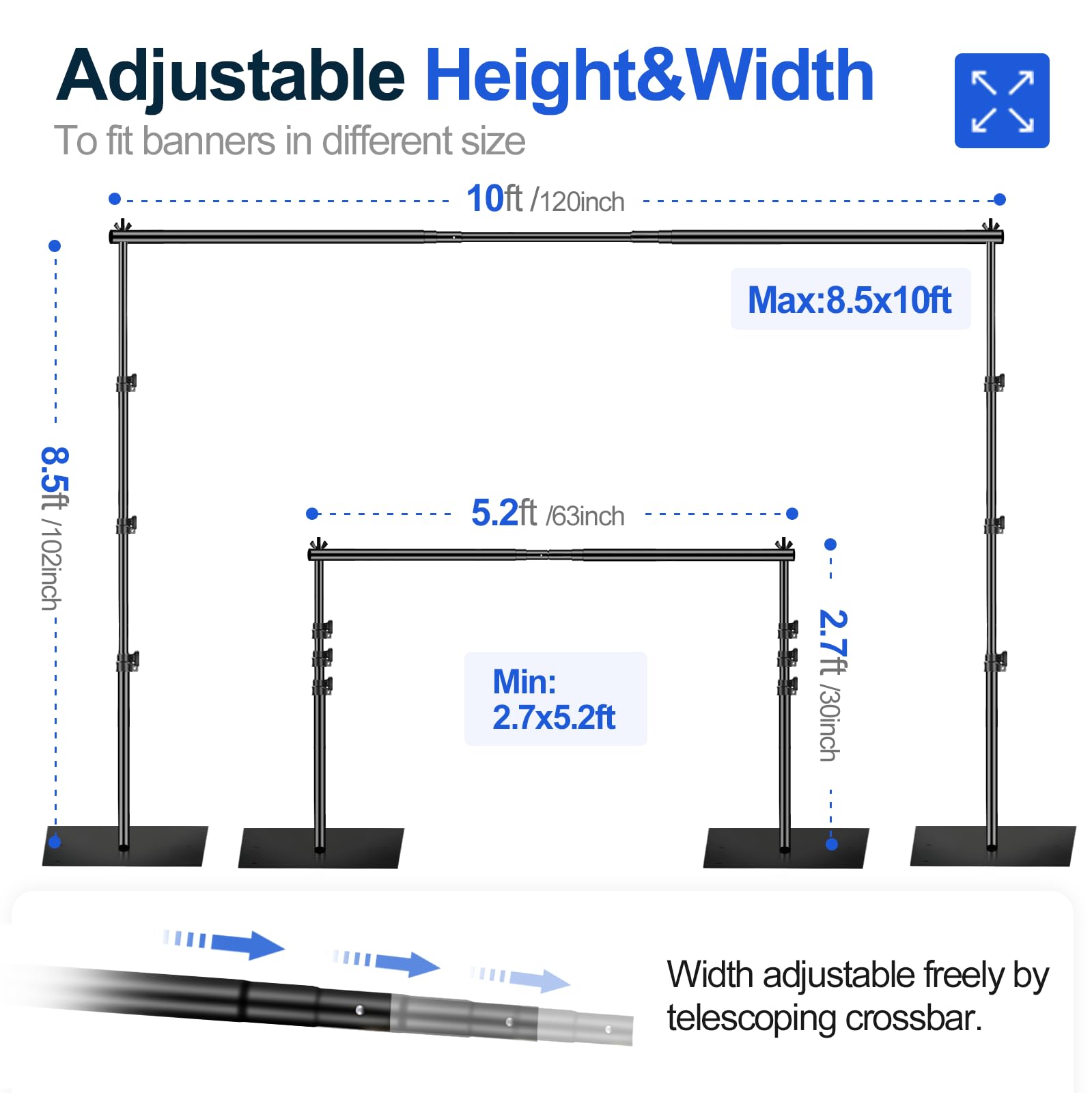 Emart Backdrop Stand, 8.5Ft Height 10Ft Width Adjustable Photography Background Support Poles With Heavy Duty Flat Base, Photo Metal Steel Pipe And Drape Frame Kit For Parties Birthday Wedding   Black