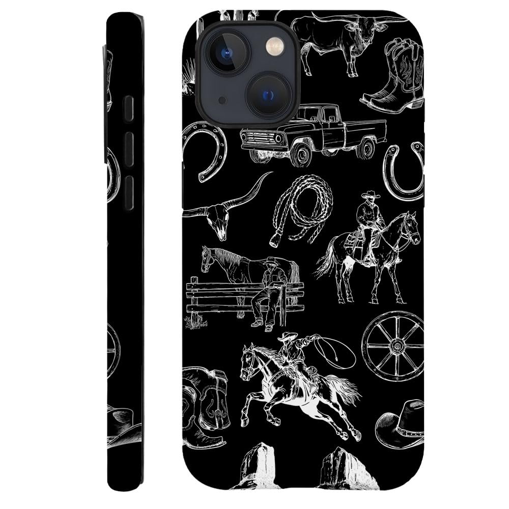 Daizag Case Compatible With Iphone 14,Fit Shockproof Cover For Women Girls,Cowboy Collage Horse Cow Cactus Black