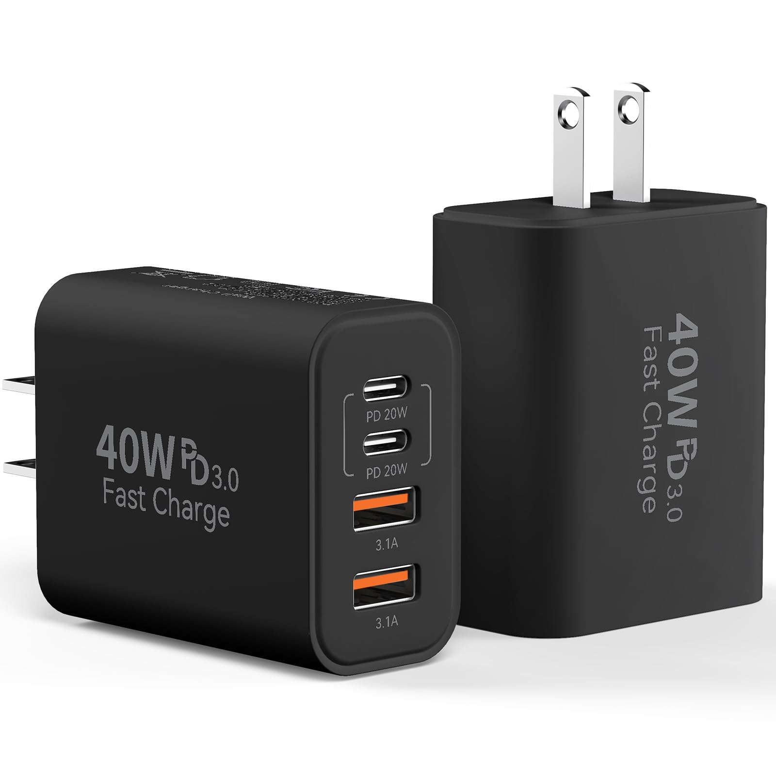 Usb C Wall Charger Block, 2 Pack 40W 4 Port Fast Charging Block Pd Power Adapter +Qc 3.0 Usb A Wall Plug Multiport Type C Box Cu