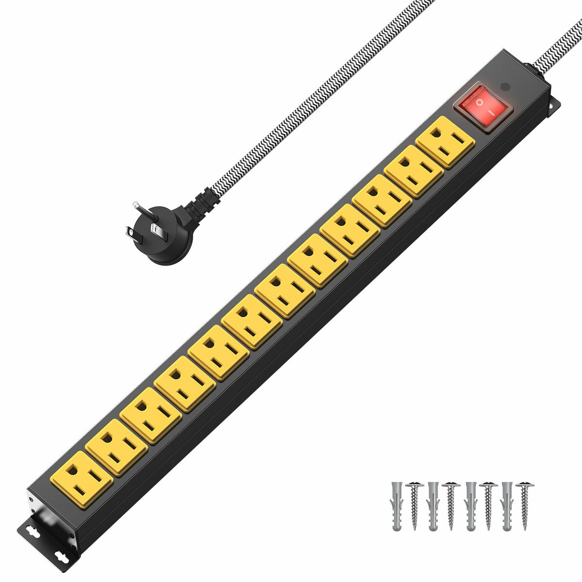 12 Outlet Heavy Duty Power Strip With 15A Circuit Breaker,Metal Wall Mount Power Strip For Garage Workshop Industrial 1200J 15A
