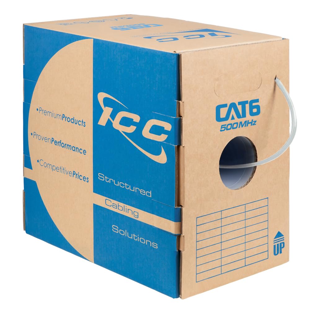 ICC Cat6 CMR Riser 1000ft   UTP 23AWG, 100% Solid Pure Copper, Unshielded, Bulk Ethernet Cable, PoE++, 500MHz, Reelex Pull Box, UL Certified, RoHS, TAA and NEC Compliant, White