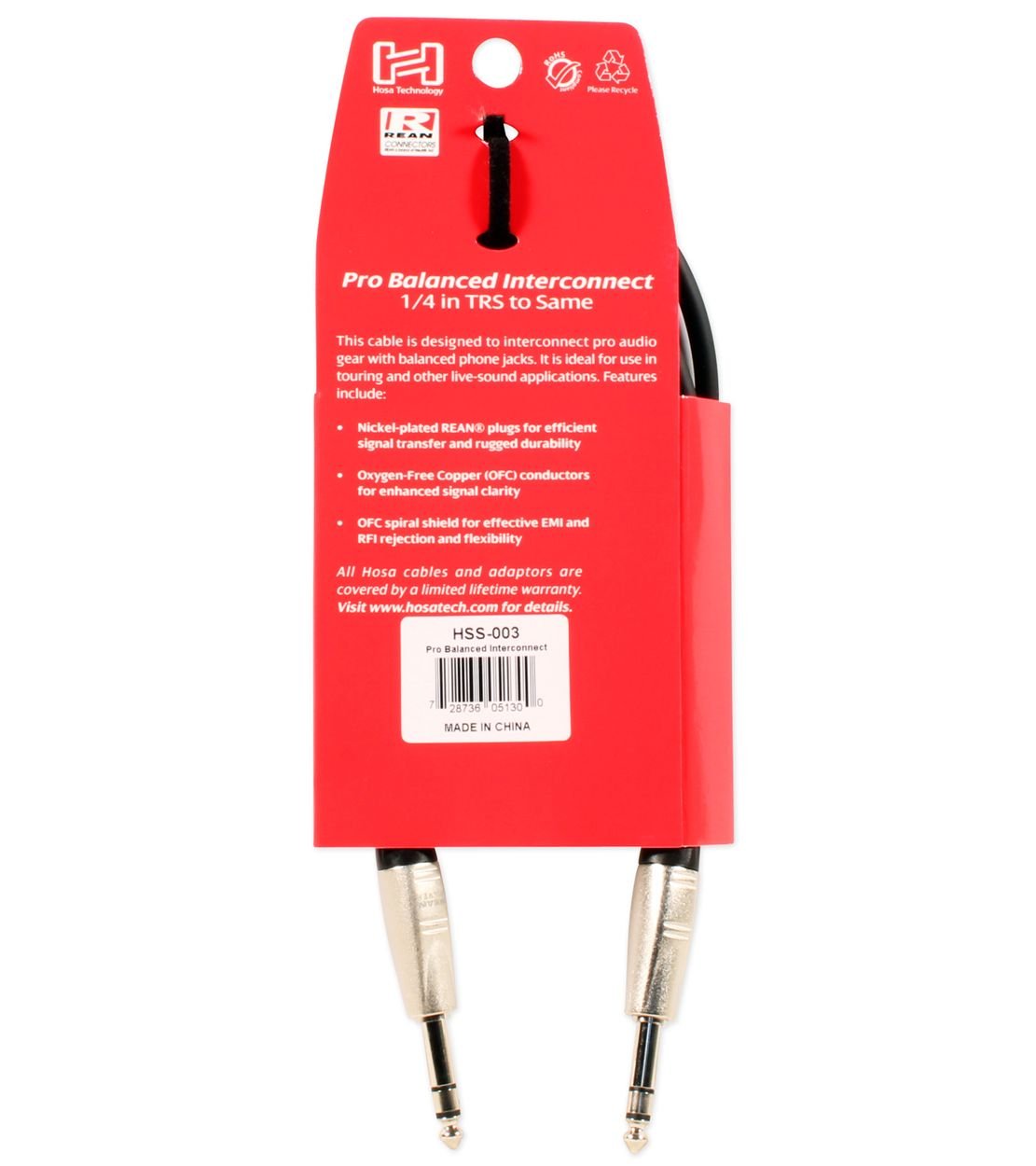 Hosa Hss 003 Pro Balanced Interconnect, Rean 1/4 Inches Trs To Same, 3 Feet