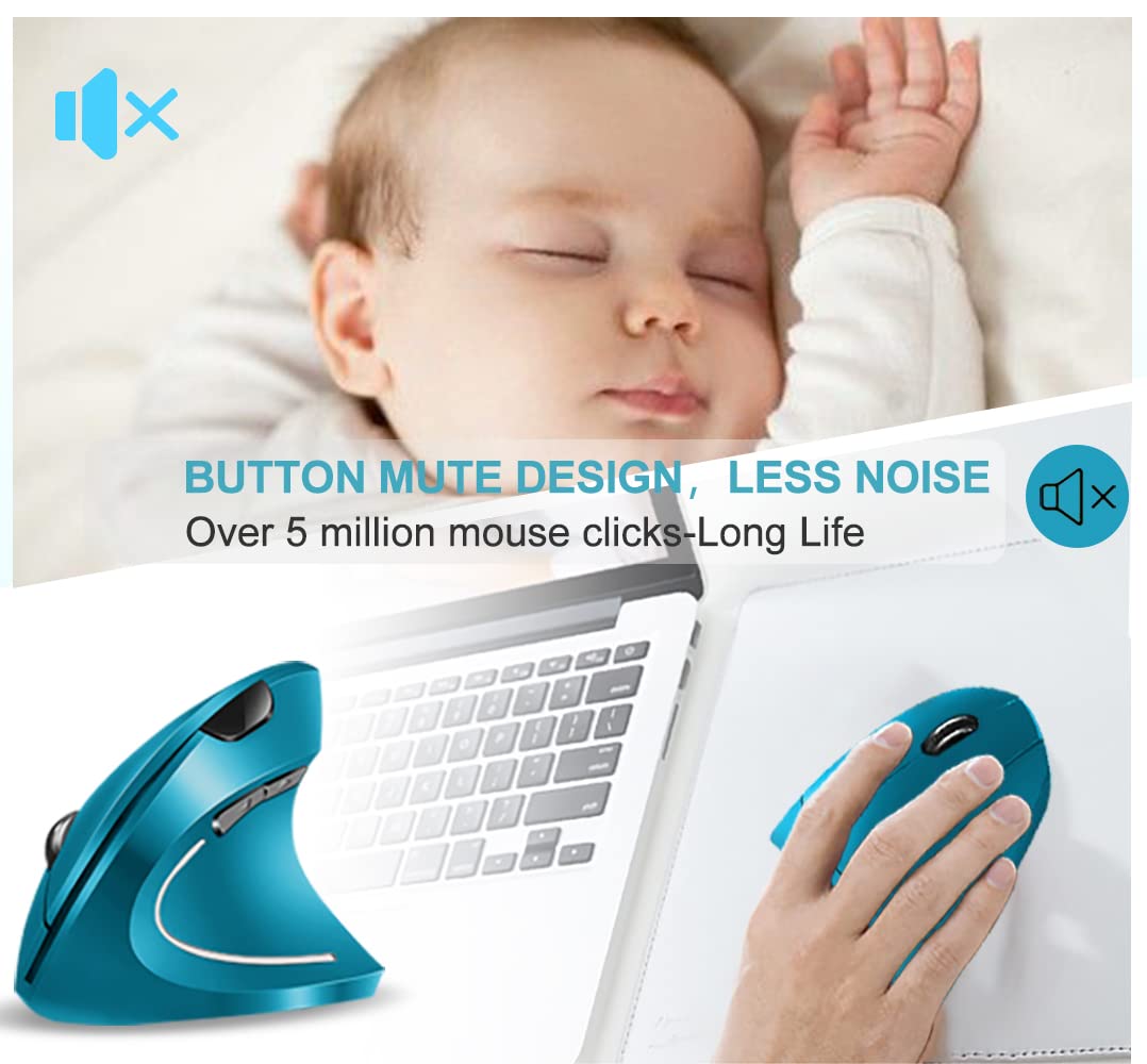Vassink Ergonomic Wireless Mouse - Rechargeable 2.4GHz Vertical Optical Mouse, 6 Buttons, 800/1200/1600 DPI, Blue