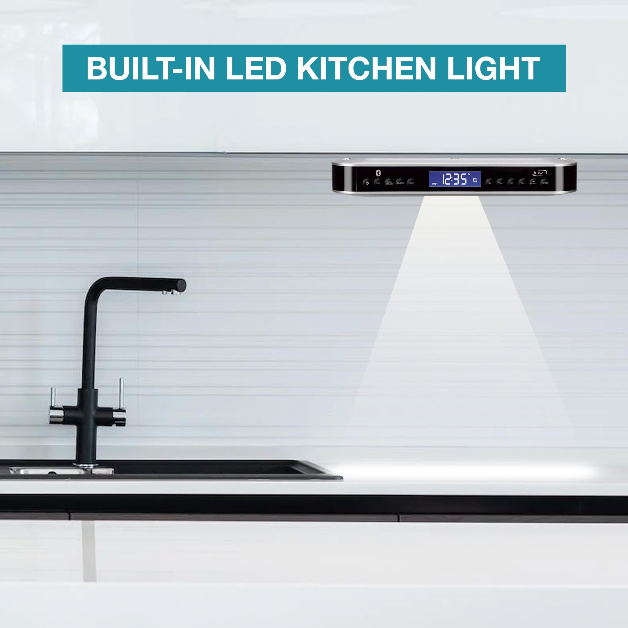 Ilive Under The Counter Wireless Stereo Bluetooth Speaker, Digital Alarm Clock, Kitchen Timer, Dual Hd Speakers, Fm Radio Lcd Di