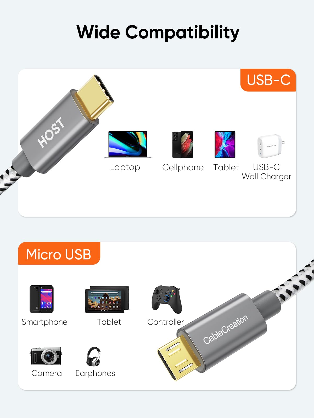 CableCreation USB C to Micro USB OTG Cable 3-Pack 0.2M Space Gray Aluminum Braided Fast Charging Data Transfer