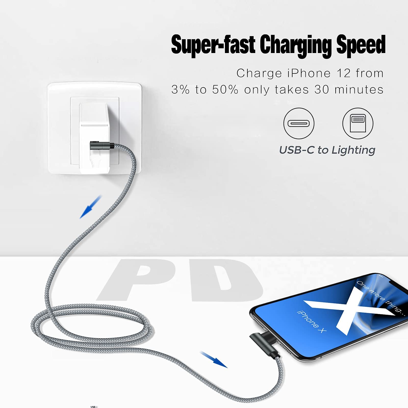 Usb C To Lightning Cable 10Ft Mfi Certified 90 Degree Iphone Fast Charger Nylon Braided Extra Long Charging Cord Compatible With