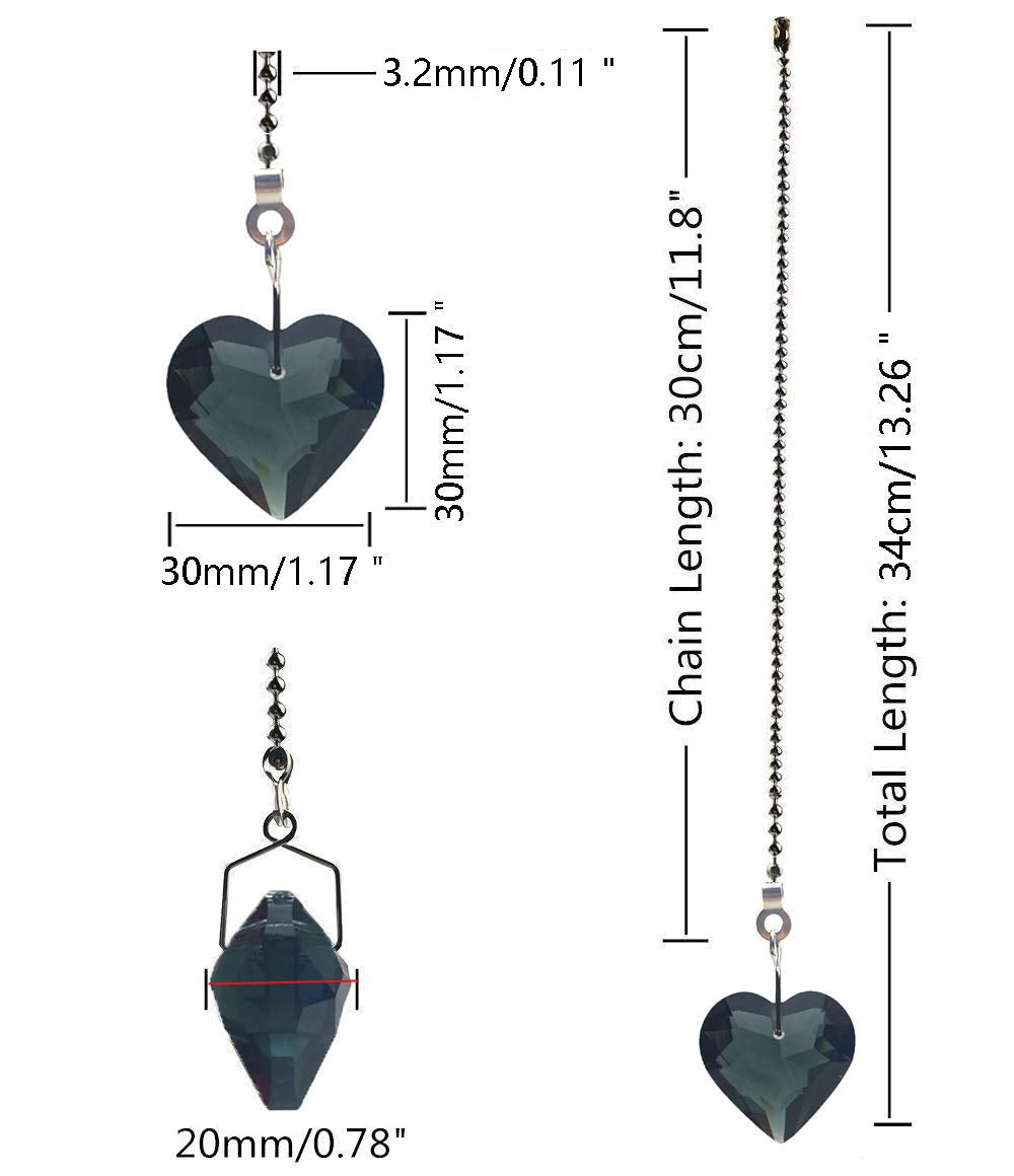Hyamass 2Pcs Crystal Heart Prisms Pendant Ceiling Fan Pull Chain Extender With Ball Chain Connector (Black)