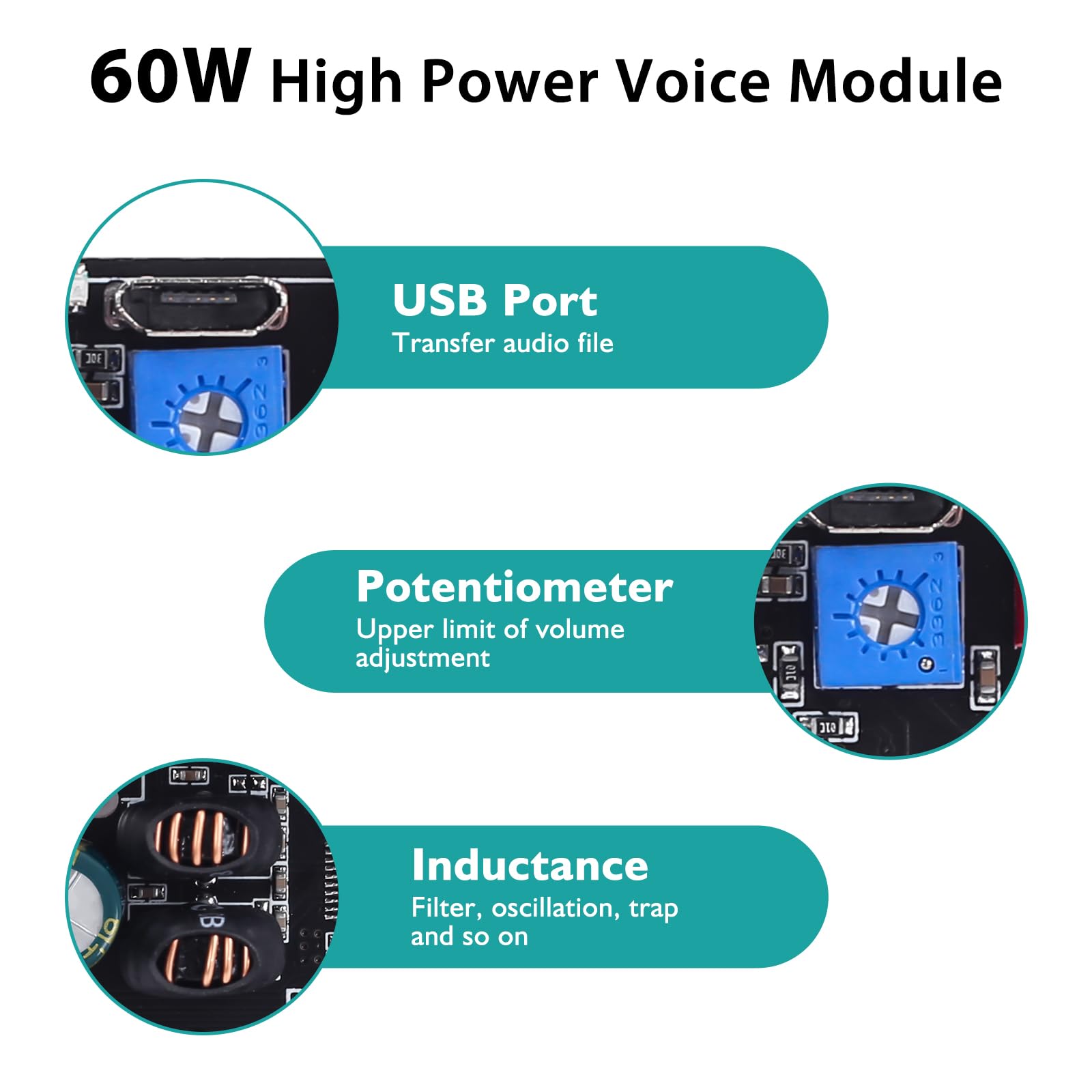 60W Voice Playback Module, Pemenol Dc 9 24V High Power Music Player Mp3 Trigger Amplifier 64Mbit Flash Storage Sound Board Suppr