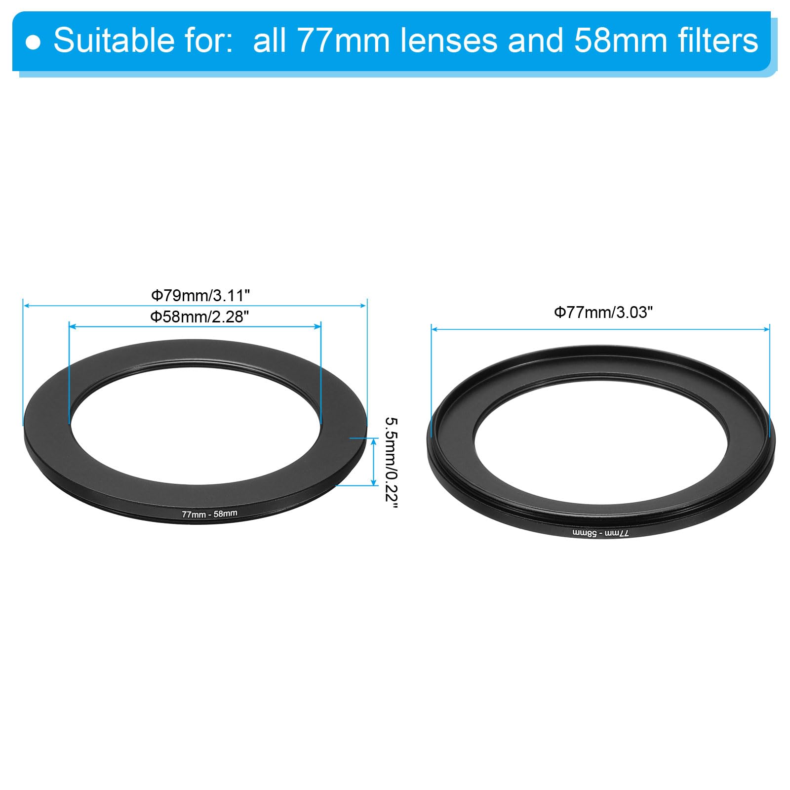 Patikil 77Mm 58Mm Metal Step Down Ring, Camera Lens Filter Adapter Ring Aluminum Filter Adapter Ring For Camera Lenses Hood, Bla