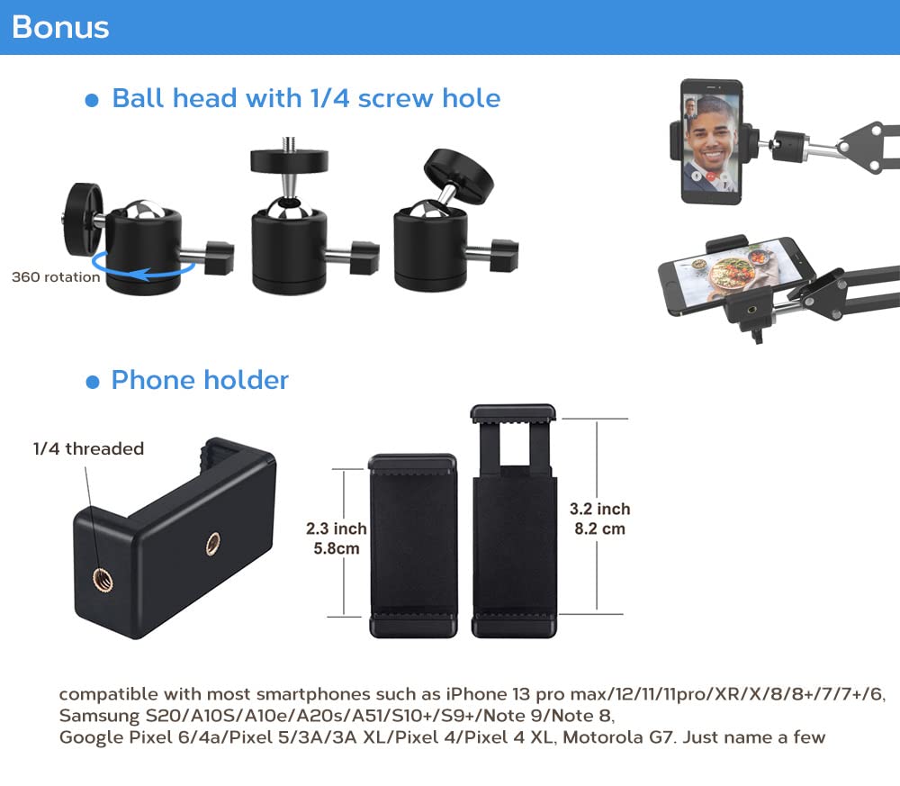Overhead Tripod Mount For Camera Webcam Ring Light, Flexible Over Head Arm For Iphone With Phone Holder And Ball Head, Table Stand Accessory For Phone Video Recording Live Stream