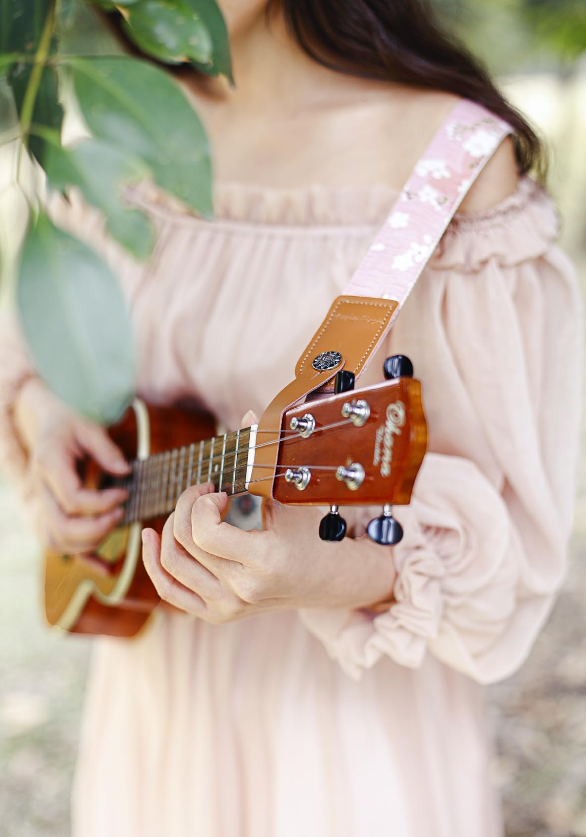 Music First Original Design Vintage Pink Sakura    Soft Muslin & Genuine Leather Ukulele Strap Ukulele Shoulder Strap With A Mus