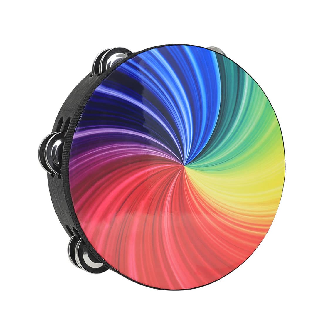 EXCLUZO 8 Inch Rainbow Tambourine Wooden Han ell Early Education Percussion Instrument with Double Row Jingles for Children Boys