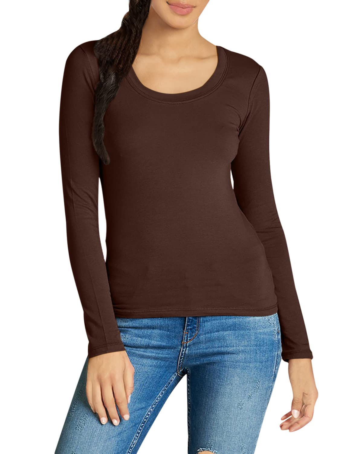 Emmalise Womens Junior And Plus Size Basic Scoop Neck Tshirt Long Sleeve Tee, Small, Brown