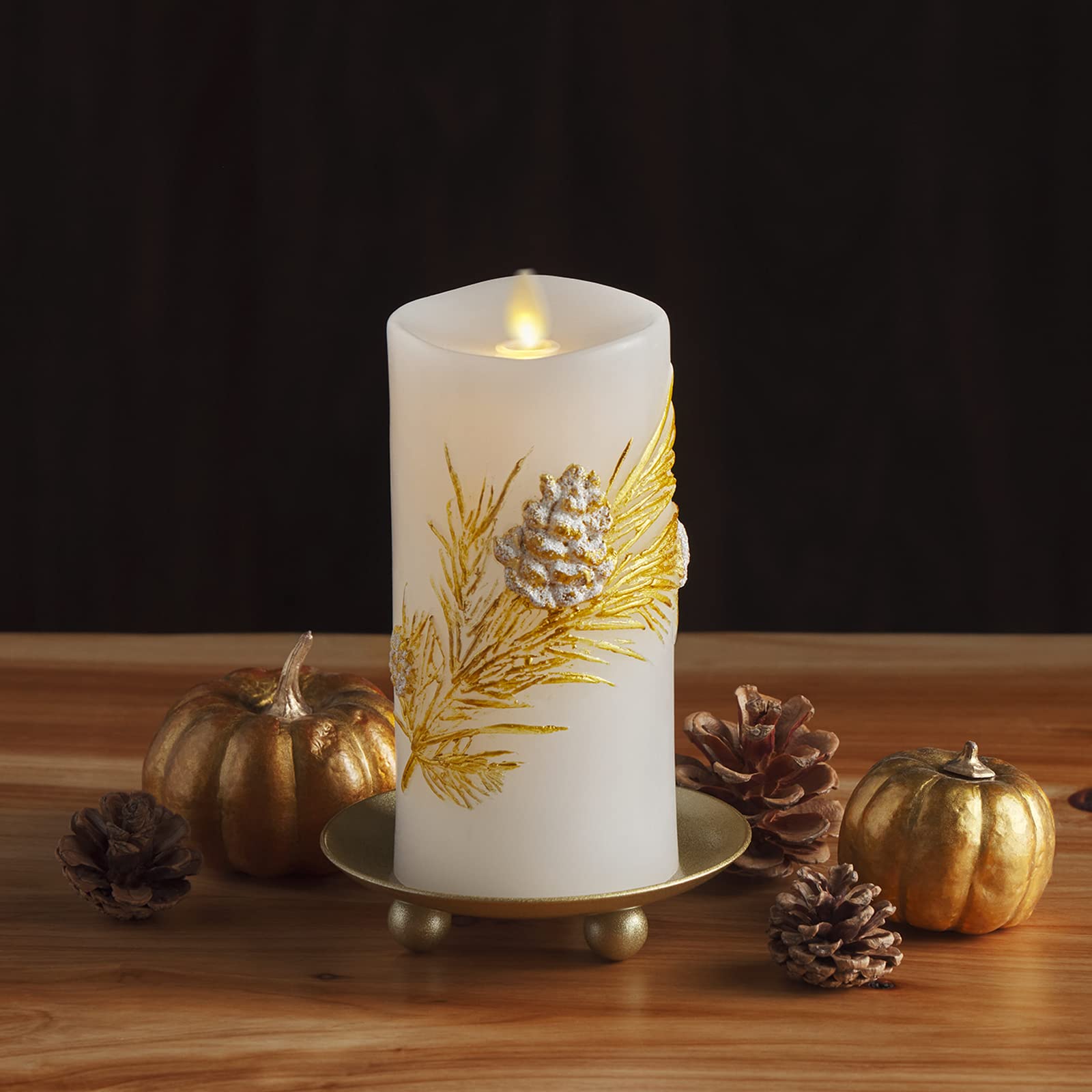 Luminara Embossed White Pinecone Flameless Led Candle Pillar (3'' X 6.5'')   With Recessed Edge Unscented Real Wax Led Battery O