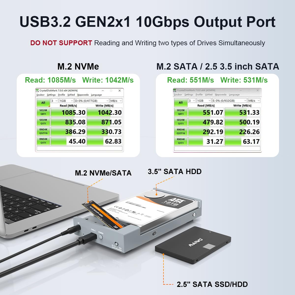Maiwo Dual Bay Enclosure For M.2 Nvme Sata Ssd And 2.5 3.5 Inch Sata Ssd Hdd, External Hard Drive To Usb C Adapter, 10Gbps 22Tb Capacity?Do Not Support Clone?