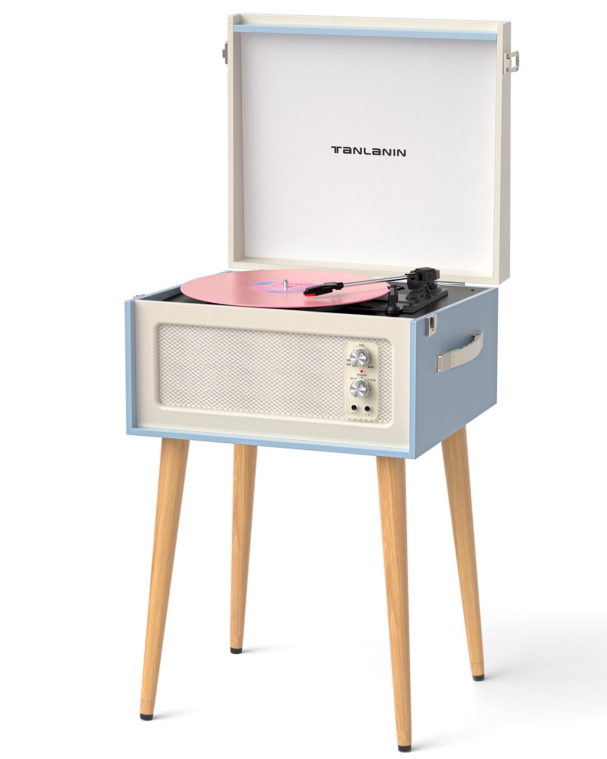 Vintage Standing Blue Vinyl Record Player with Detachable Legs, Built-in 4 Speakers, USB to PC Encoding, 33/45/78 RPM LP Player