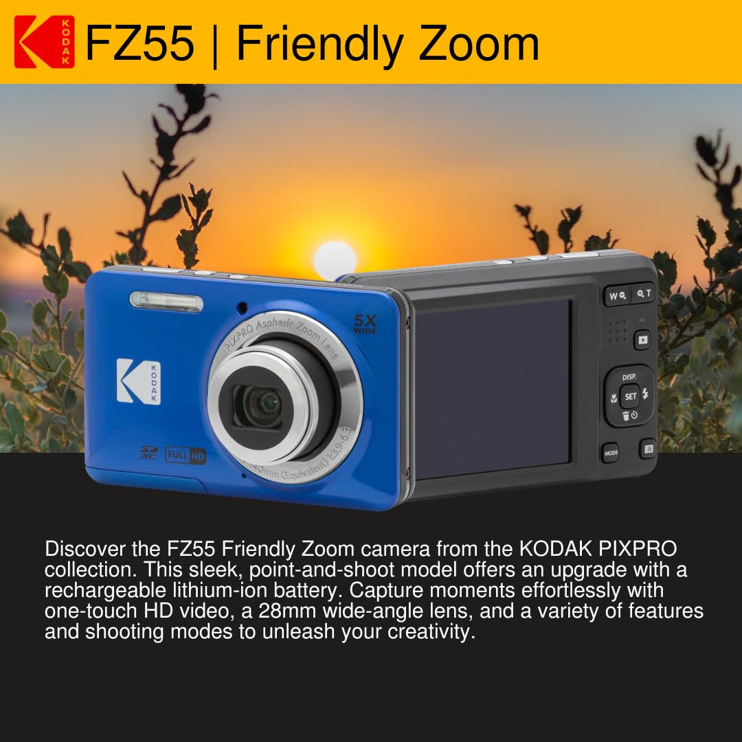 Kodak Pixpro Friendly Zoom Fz55 Digital Camera (Blue) Bundle With Focus Digital Camera Lcd Screen Protectors And 32Gb Sdhc Uhs-I