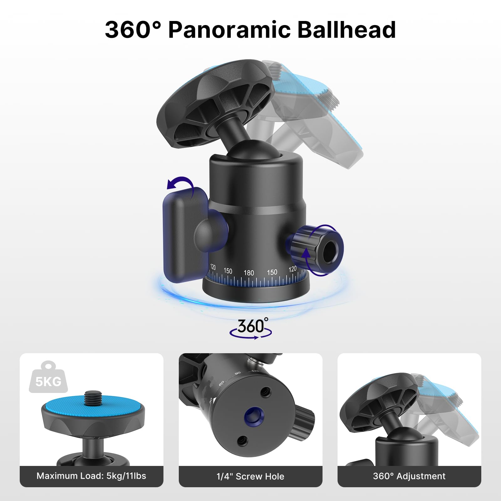 Mini Ball Head, Rubesee Panoramic Camera Tripod Head With 1/4'' Screw Shoe Mount, 360 Rotatable Metal Adapter For Dslr Camera Tr