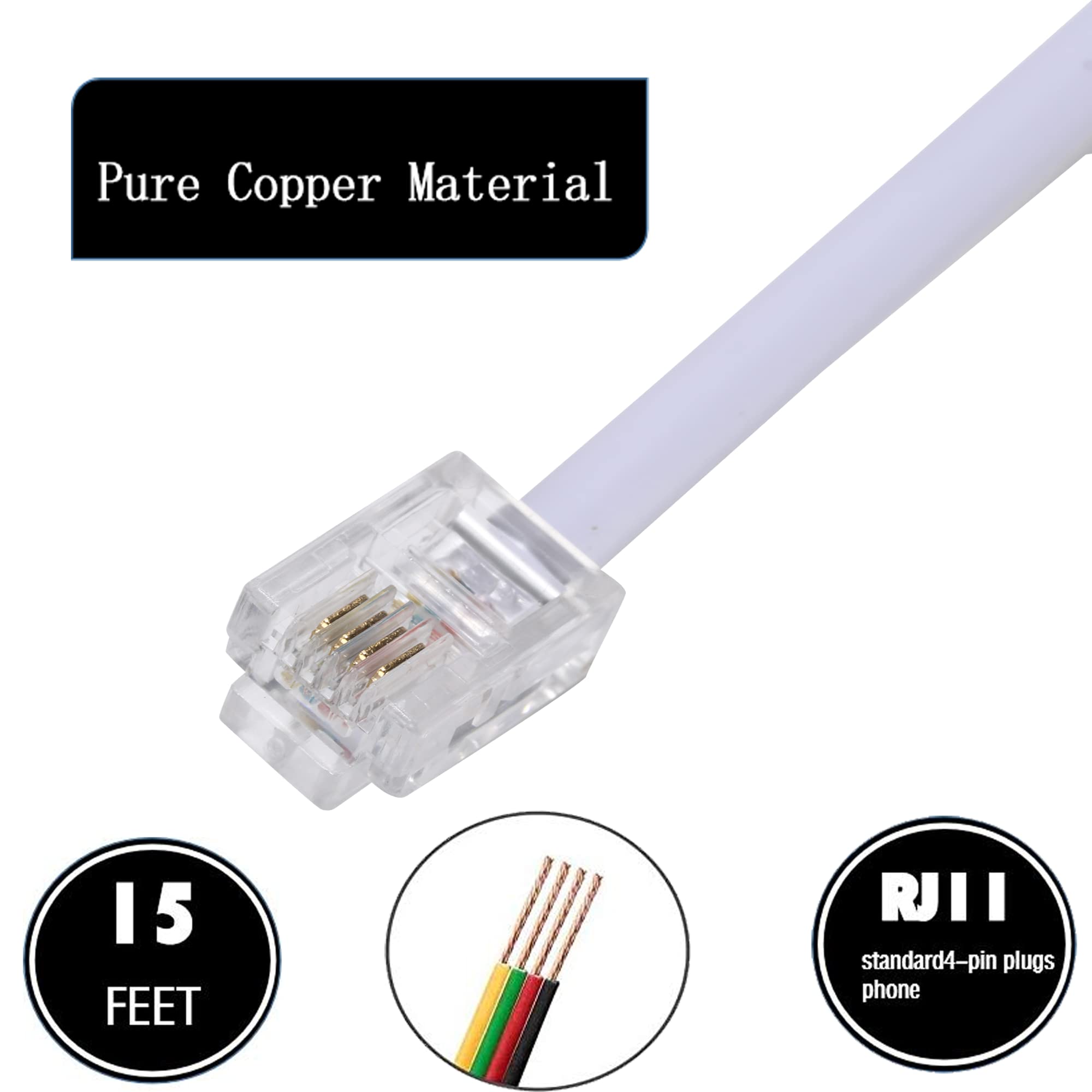 Ubramac 15 Feet Long Telephone Extension Cord Phone Cable Line Wire, With Standard Rj11 Plug And 1 In Line Couplers And 15 Cable