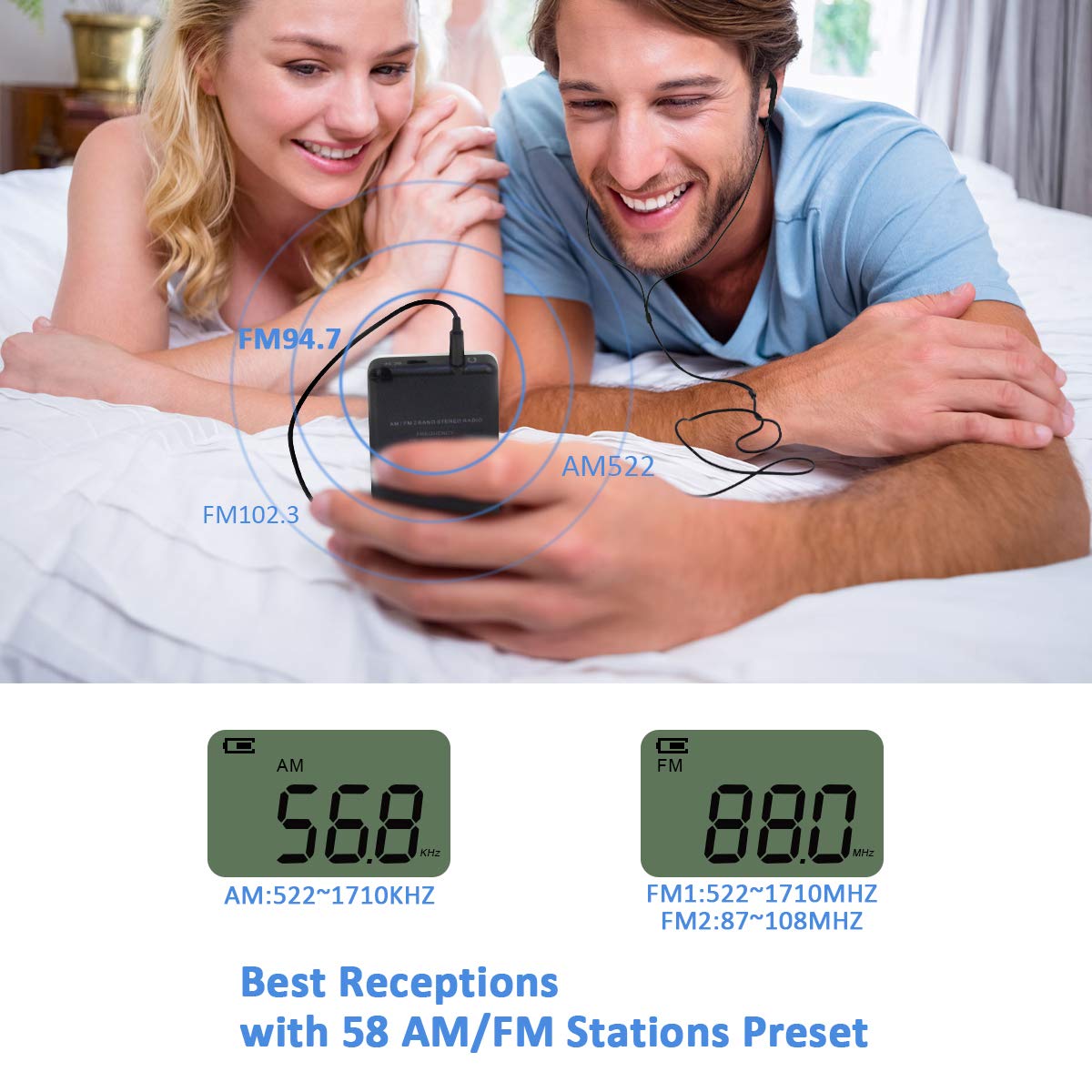 Pocket Small Radio By Flyoukki, Personal Mini Am Fm Portable Digital Tuning Transistor Radios With Best Reception, Earphones, Lanyard And Rechargeable Battery For Walking Jogging Exercising (Silver)