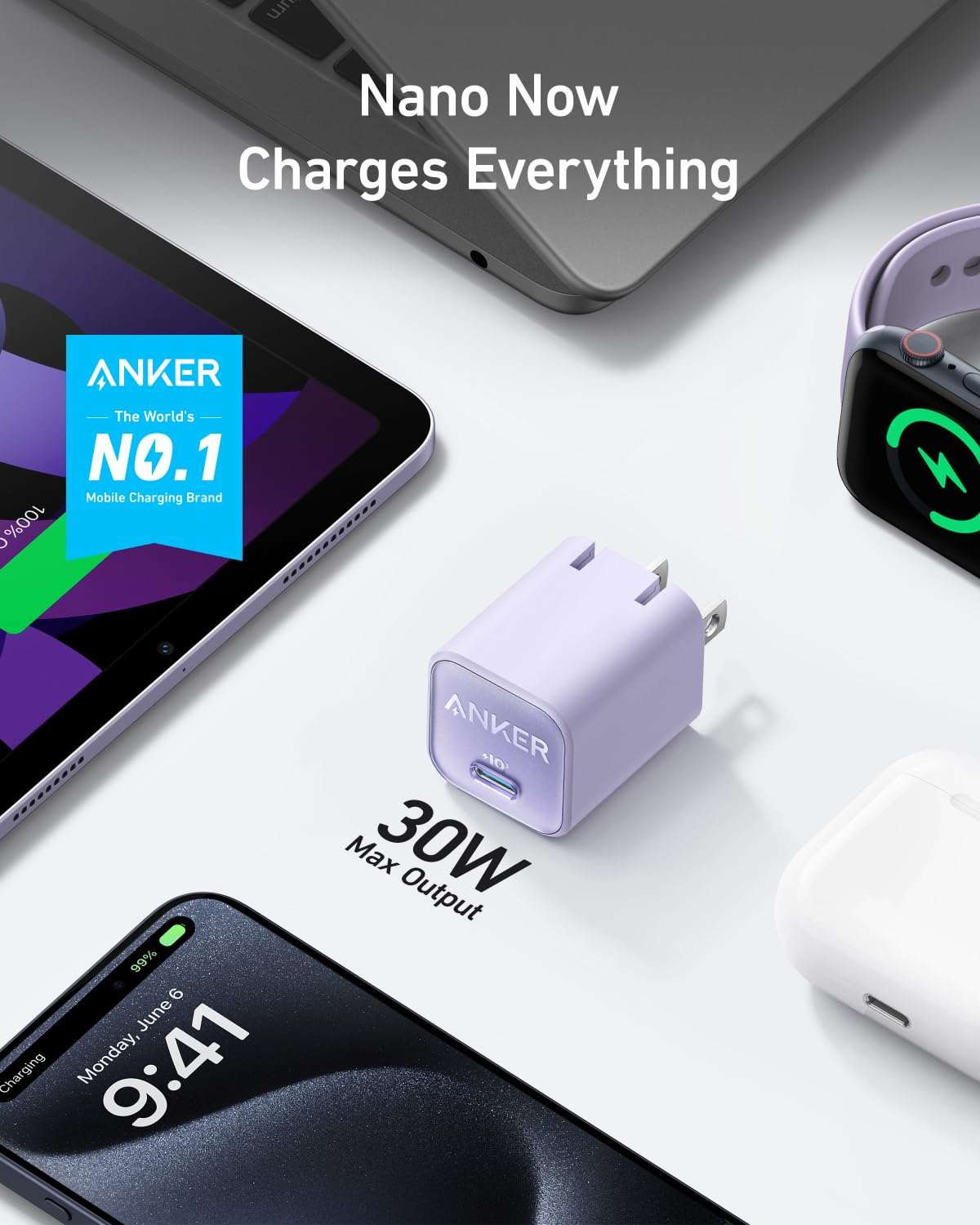 30W Usb C Gan Charger, Anker 511 Charger (Nano 3), Piq 3.0 Foldable Fast Charger For Iphone 15 Series, Galaxy, Ipad (Cable Not I