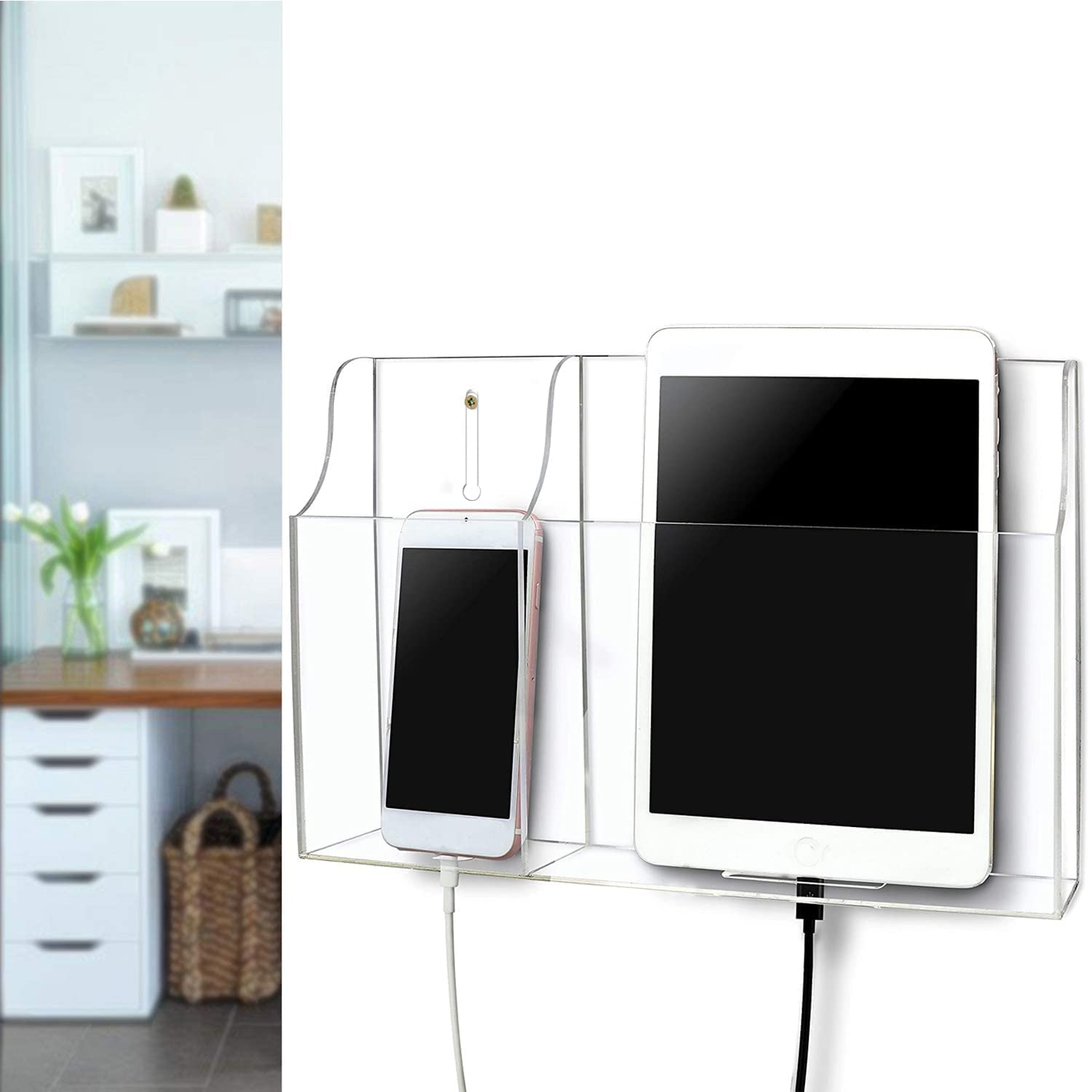 Pansyling Clear Acrylic Remote Control Holder Wall Mounted Phone Holder Stand For Tablet Ereader Wall Storage Caddy Media Organi