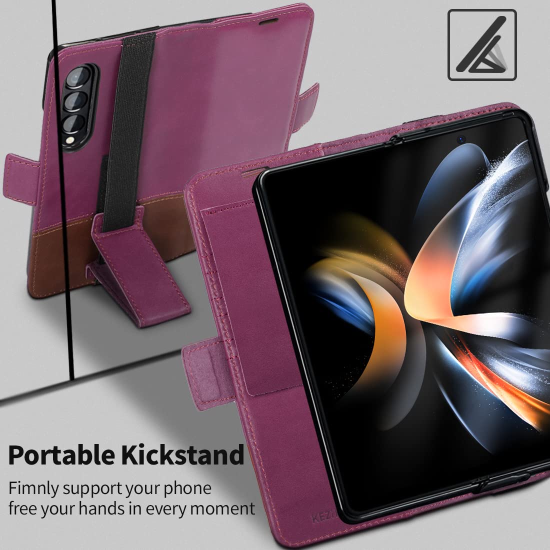 Kezihome Samsung Galaxy Z Fold 4 Case, Genuine Leather Galaxy Z Fold 4 Wallet Case [Rfid Blocking] With Card Holder Flip Kicksta