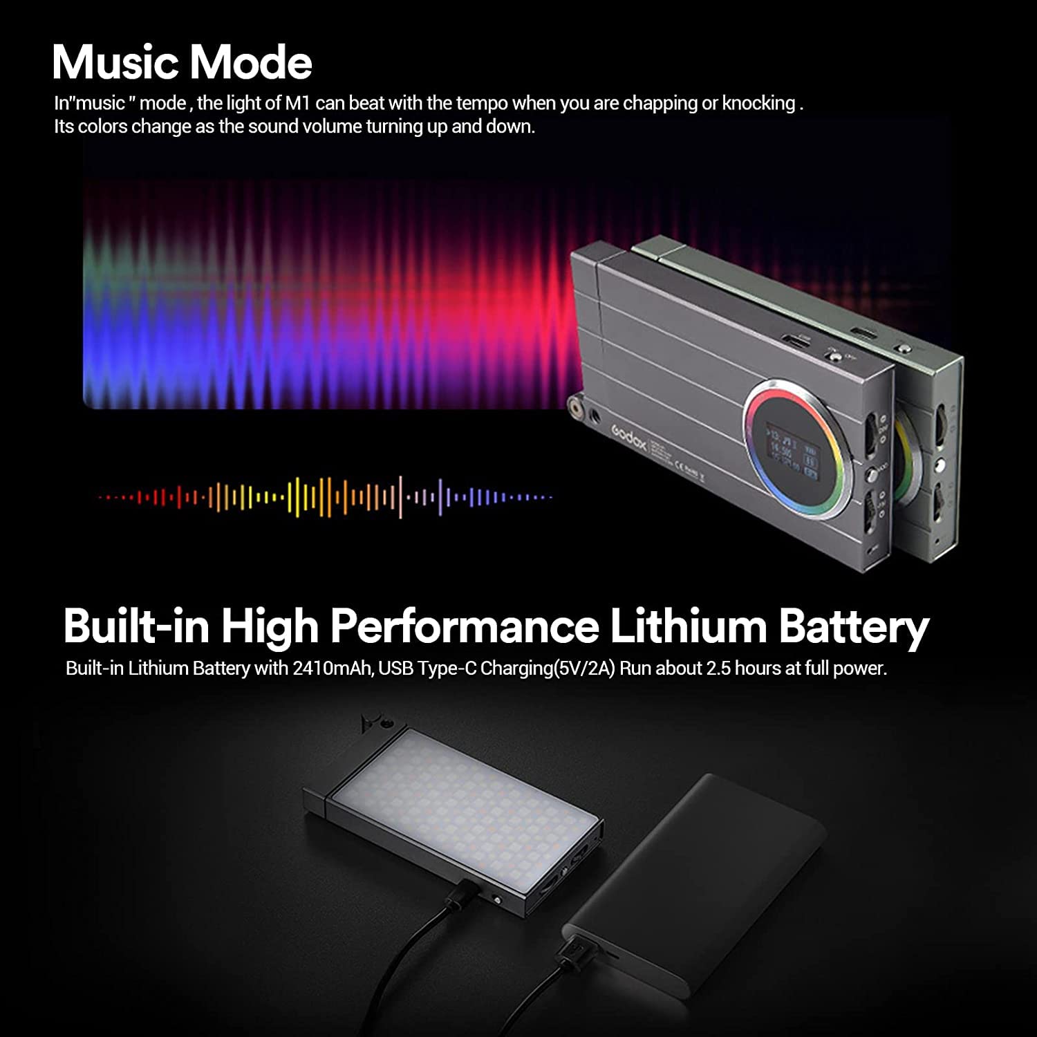 Godox M1 RGB LED Pocket Video Light Full Color 2500K-8500K CRI97 TLCI97 Music FX Aluminum Gray