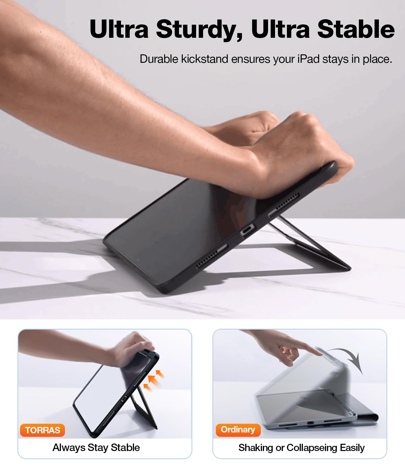Torras For Ipad Air 13 Inch Case (M3 2025/ M2 2024) & Ipad Pro 12.9 Case (2022/2021), Ultra Stable Stand, Multiple Adjustable Viewing Angles, Slim Protective Kickstand Cover With Pencil Holder, Black