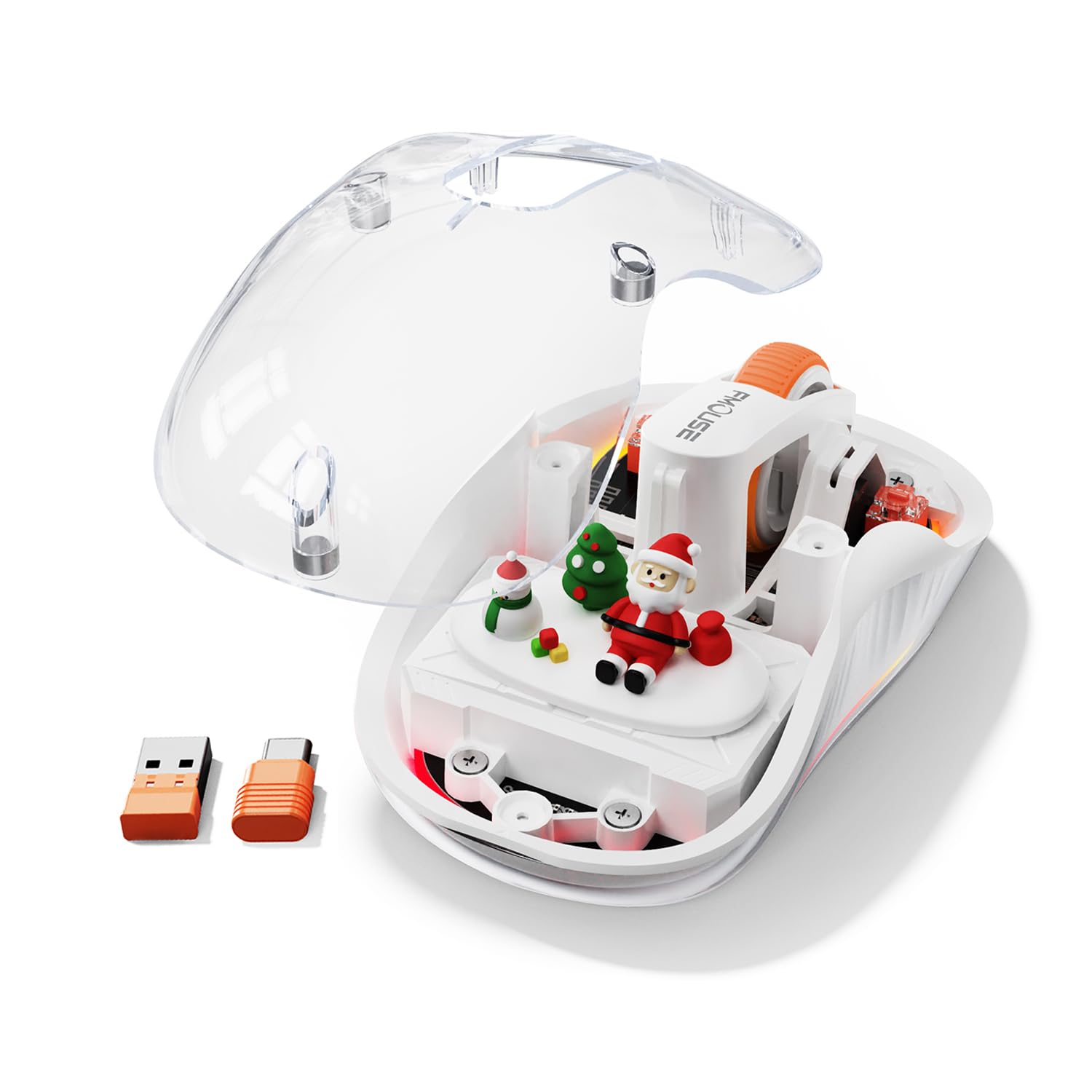 FMOUSE White Transparent Wireless Mouse with Cute Santa Doll, Dual Receivers (USB & Type-C), Tri-Mode Bluetooth+2.4GHz, Recharge