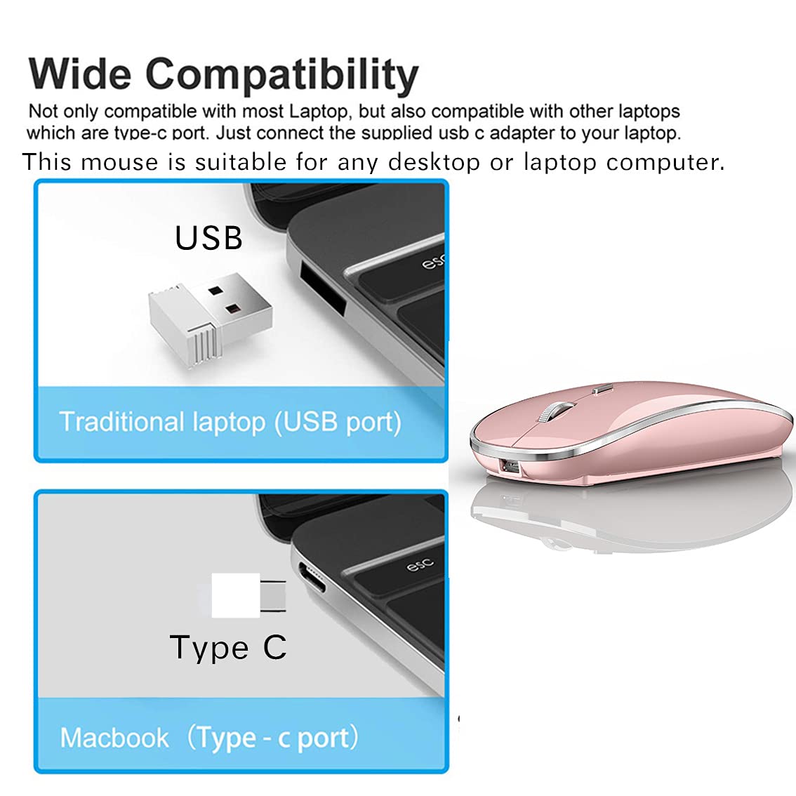 Wireless Mouse For Macbook Pro Macbook Air Mac Imac Desktop Computer Chromebook Win7/8/10 Pc Hp Dell Laptop (Rose Gold)