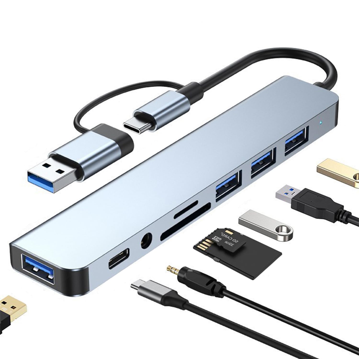 Usb C Hub Usb Splitter 8 In 1 Usb Extender With 4 Usb Port 1 Usbc Jack Tf/Sd Card Reader 3.5Mm Audio Output For Macbook Pro/Ipad Pro/Iphone 15/Laptop/Galaxy Phones/More (1 To 8)