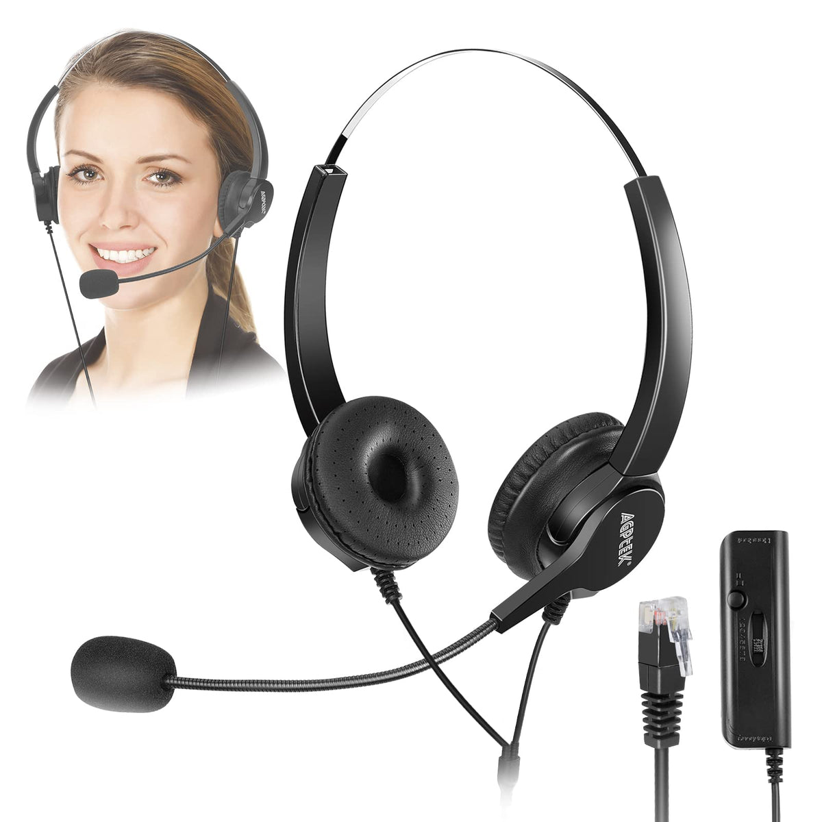 Agptek Hands Free Call Center Noise Cancelling Corded Binaural Headset Headphone With 4 Pin Rj9 Crystal Head And Mic Microphone