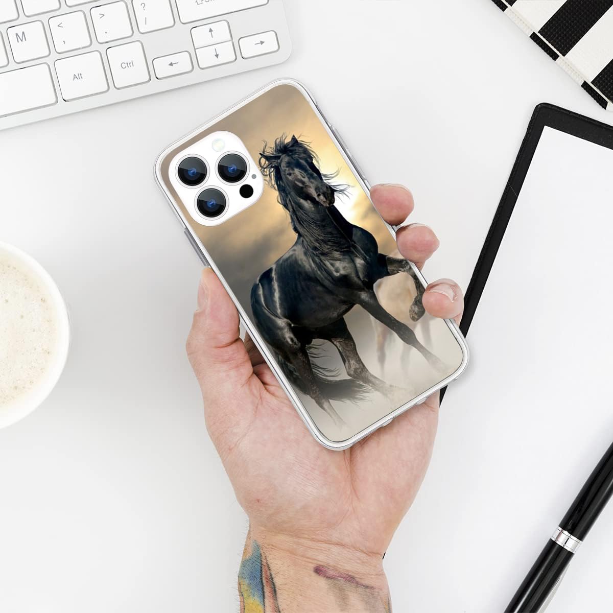 Hanlinzhiya Compatible With Iphone 16 Pro Case, Black Horse Cool Animal Horse Design Drop Protection Slim Shockproof Tpu Clear C