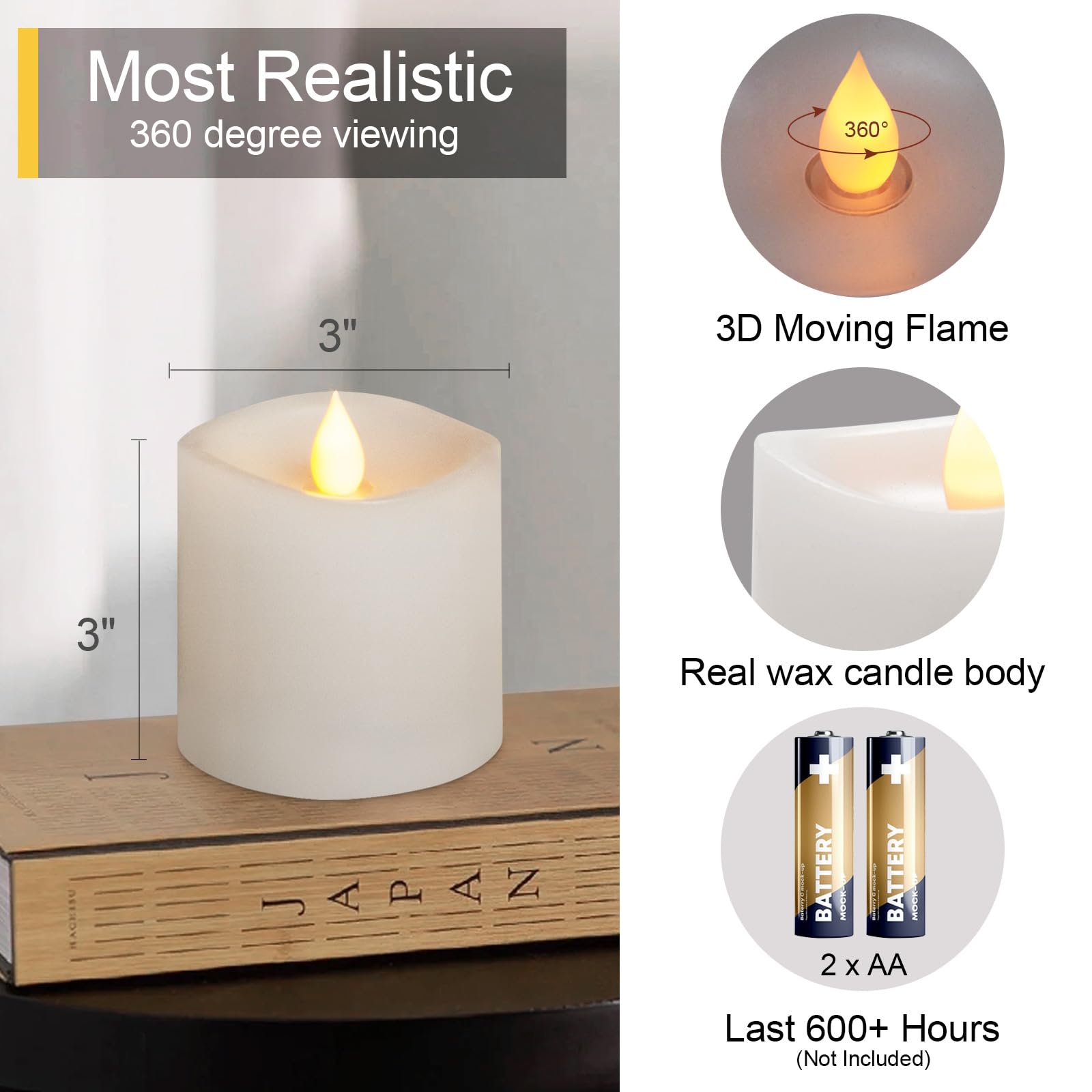 Genwelled Life Plus Flickering Flameless Led Candles Battery Operated Candle 2Aa 600 Hours White 3X3 Inch Set Of 3 Real Wax Pill