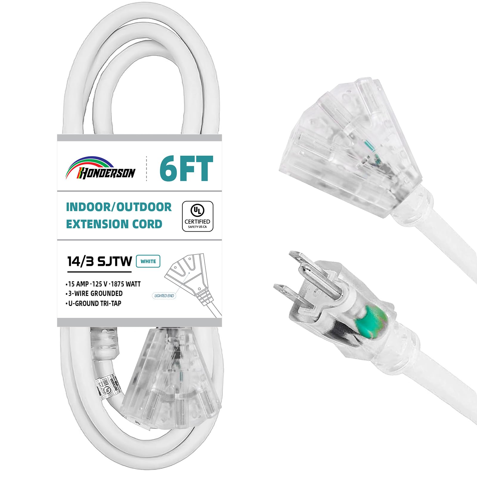 Honderson 3 Outlets Indoor Outdoor Extension Cord Weatherproof With Lighted End, Ul Listed, 14 Gauge 6Ft White 3 Prong Heavy Dut