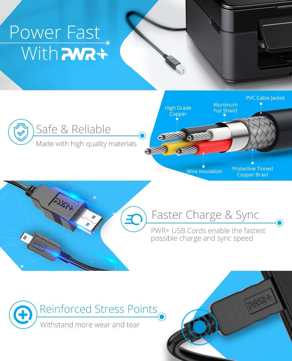 12Ft Extra Long Usb Printer Cable 2.0 For Hp Officejet Laserjet Envy, Canon Pixma, Epson Workforce, Stylus, Expression Home, Bro