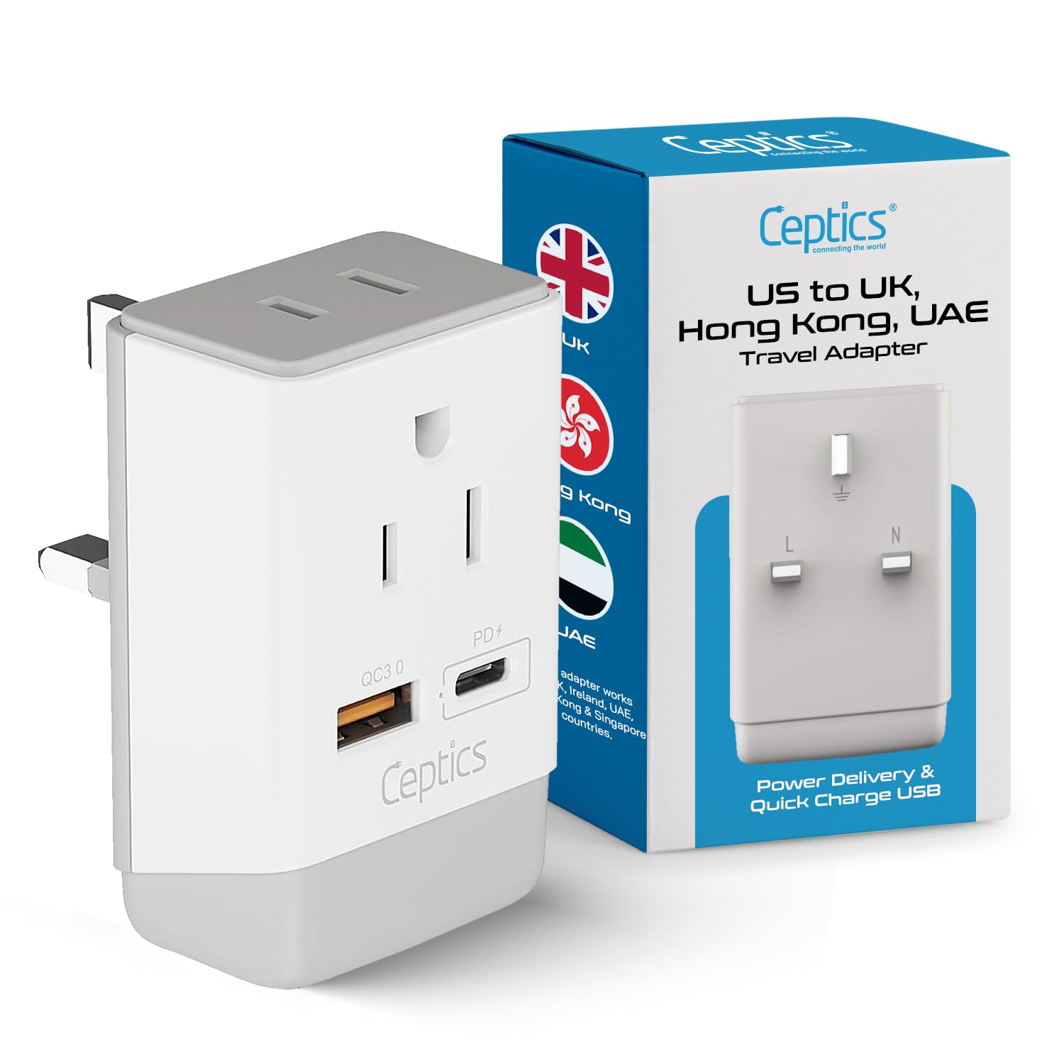 Ceptics Uk Ireland Hong Kong Plug Adapter, International Power Plug With Usb & Usb C   2 Usa Socket, Qc 3.0 & Pd   Type G Outlet