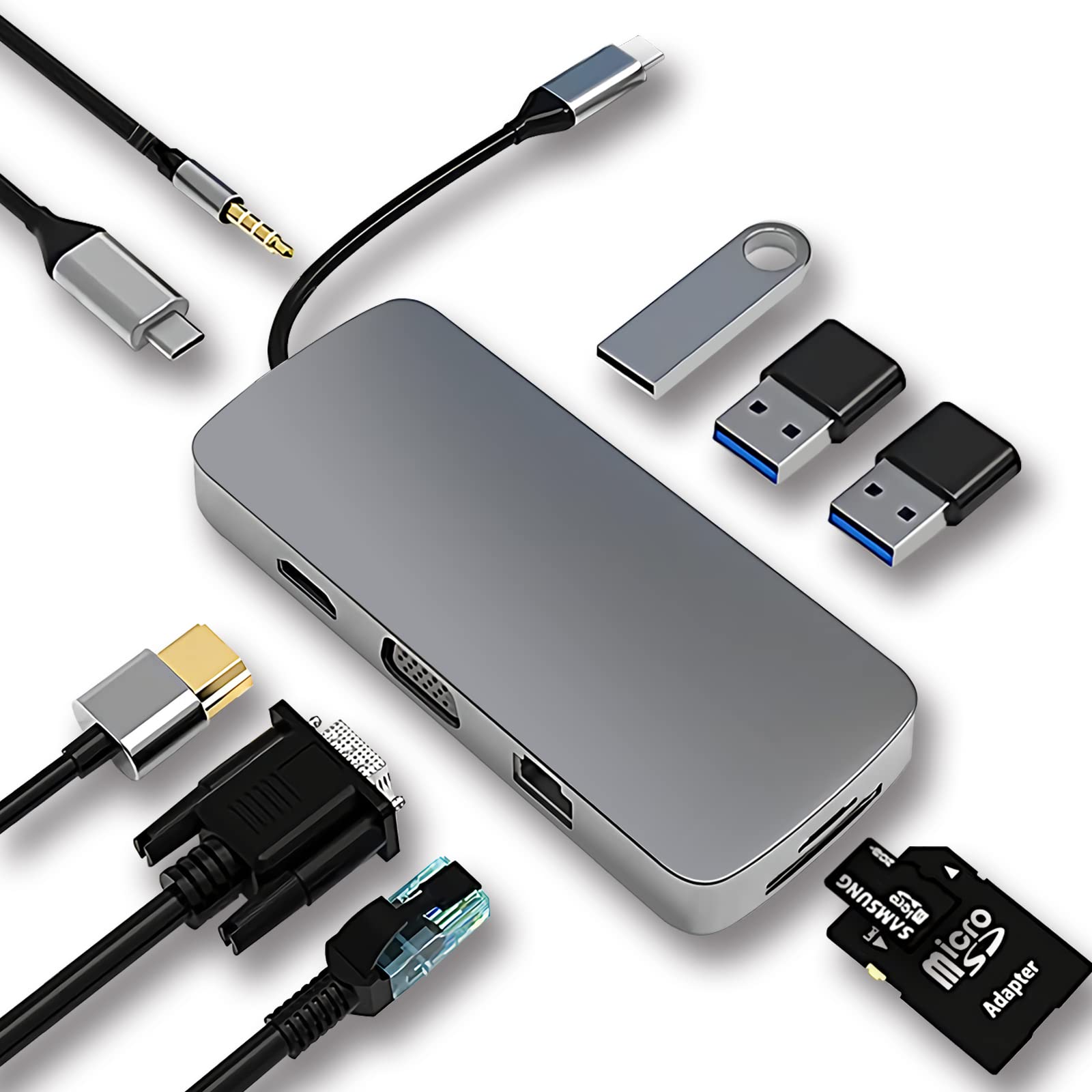 Usb C Hub Dongle, 10 In 1 Usb C Adapter Docking Station With 4K Hdmi,Vga,Type C Pd,Usb3.0,Rj45 Ethernet,Sd/Tf Card Reader,3.5Mm