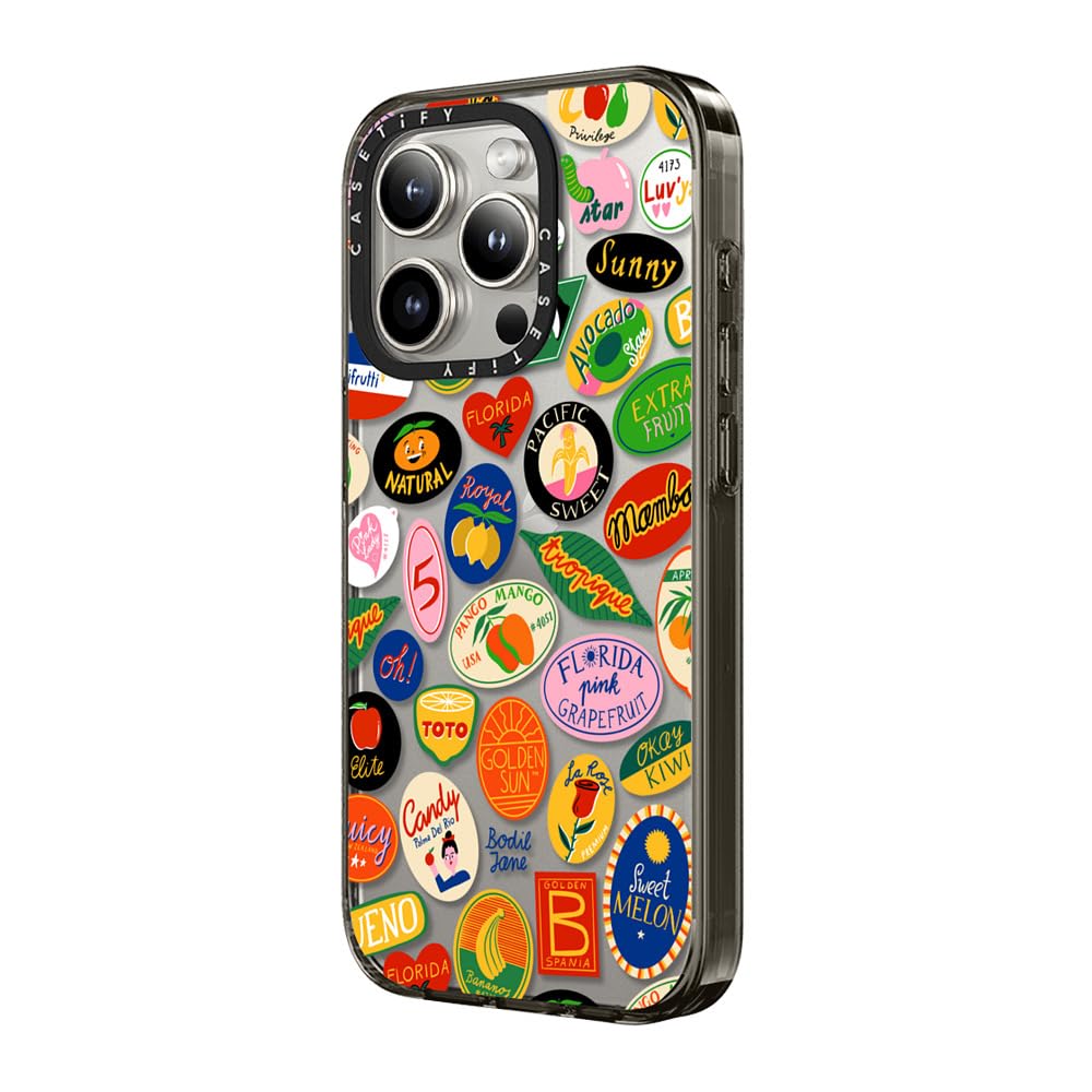 Casetify Compact Case For Iphone 15 Pro Max [2X Military Grade Drop Tested / 4Ft Drop Protection]   Fruit Stickers   Clear Black