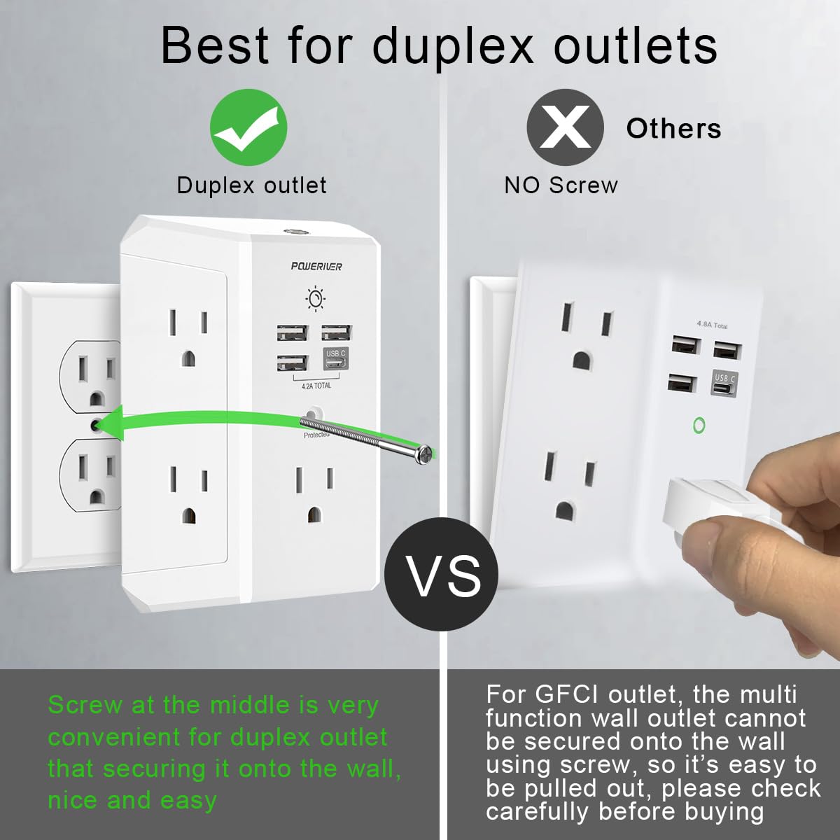 Multi Plug Outlet Surge Protector, Poweriver 5 Outlet Extender With 4 Usb Ports(1Usb C) And Night Light, 3 Sided Outlet Splitter