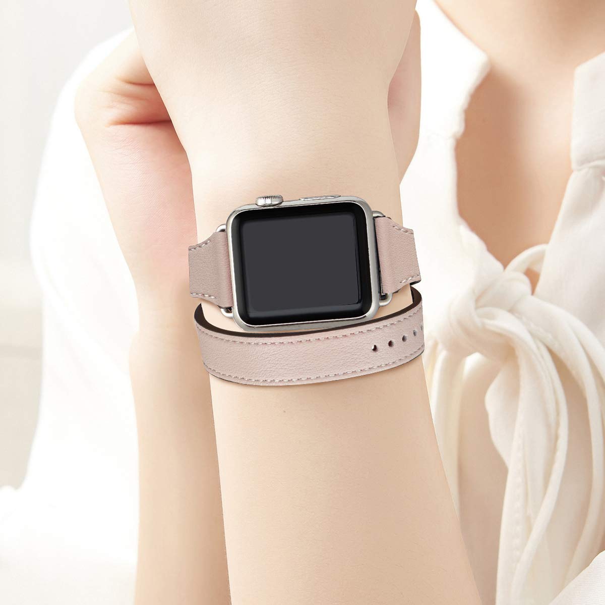 Bestig Compatible With Apple Watch Band 49Mm 46Mm 45Mm 44Mm 42Mm(Series 3 2 1) For Women Men, Genuine Leather Double Tour Slim S