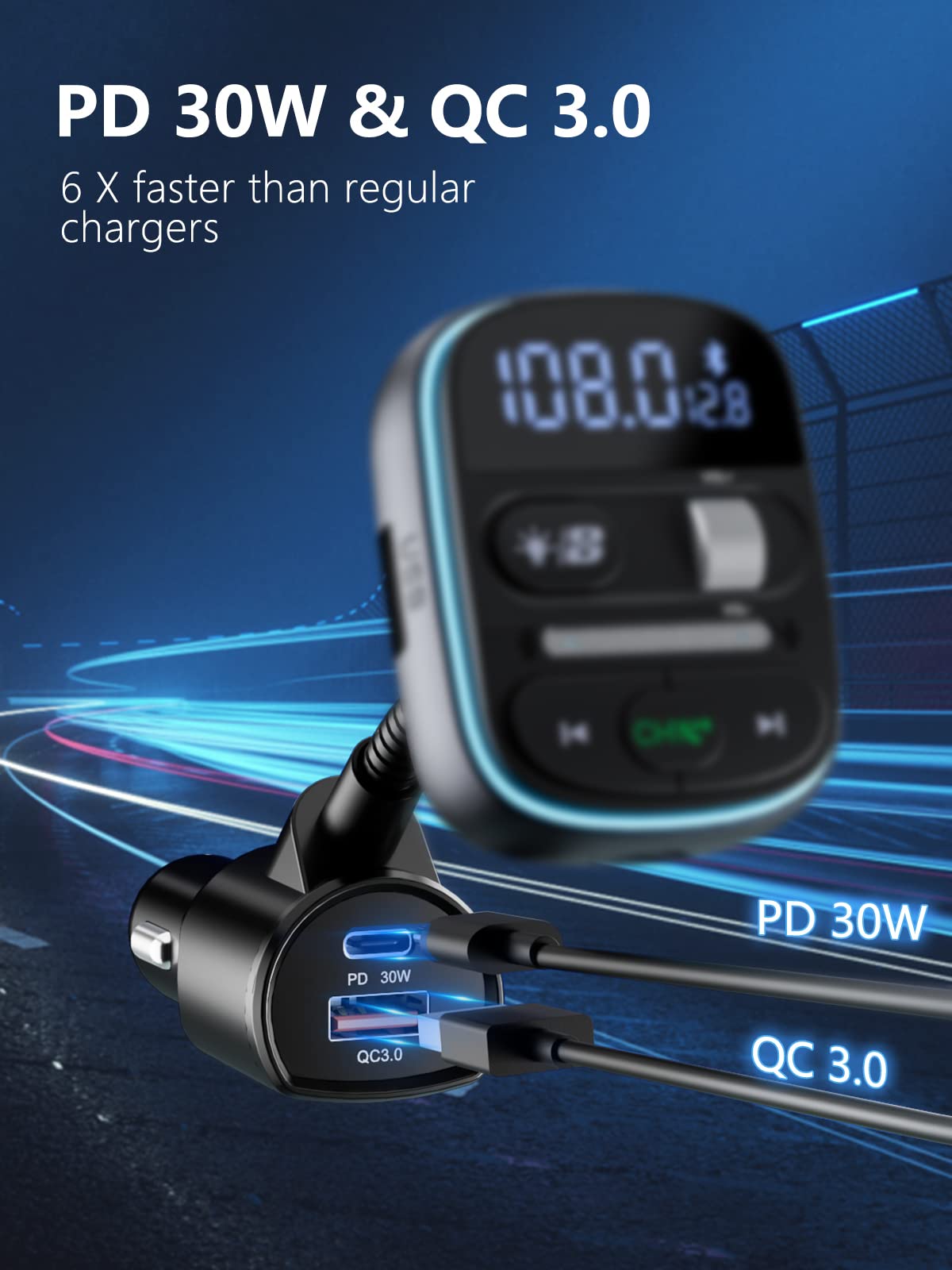 Lencent Bluetooth Fm Transmitter Pd 30W, Bluetooth Car Adapter With Qc3.0 Fast Charger, Hi Fi Bass Music, Wireless Radio Receive